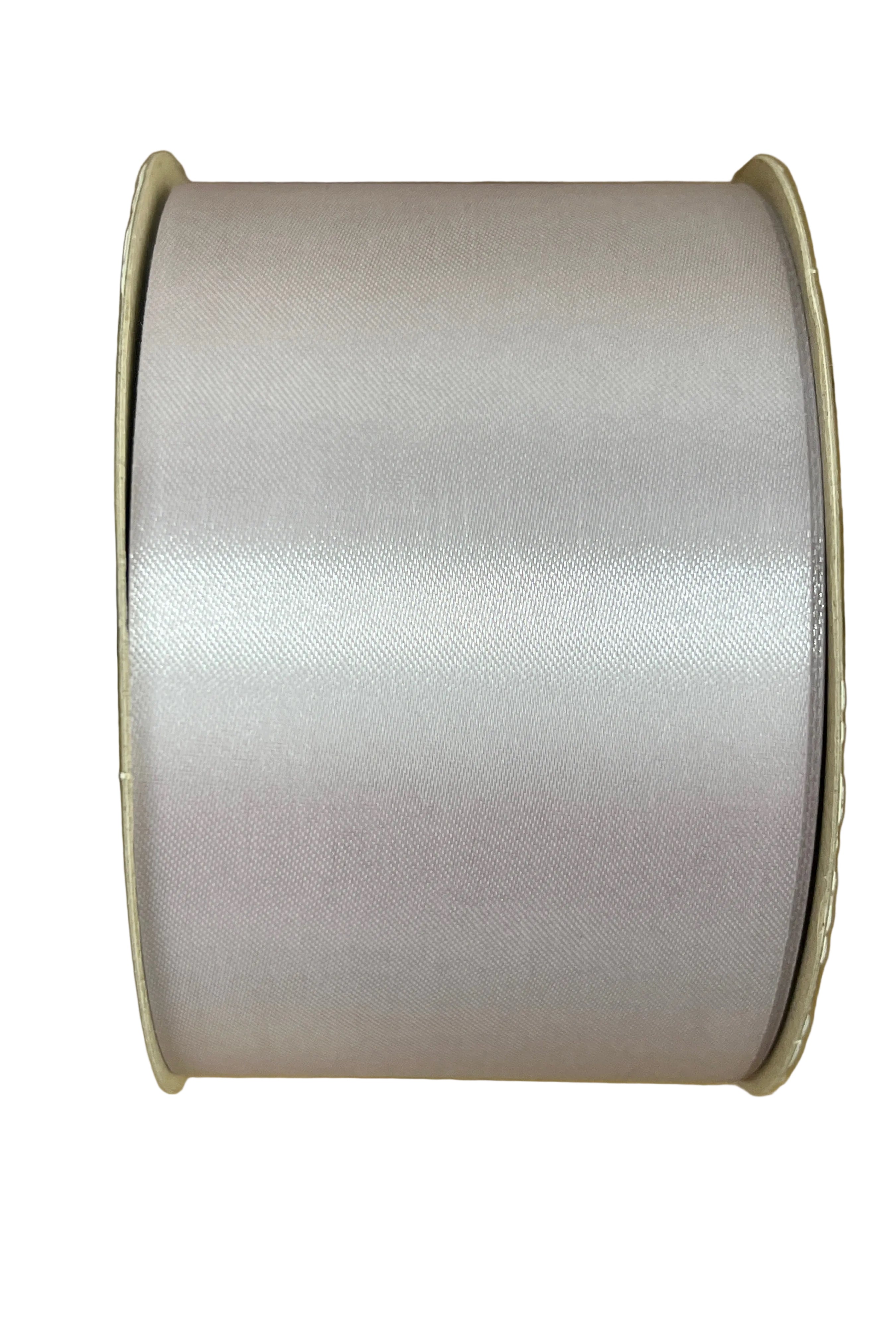 Spool of 2.5-inch wide silver grey satin acetate ribbon with a smooth, non-wired finish for crafts and floral design.