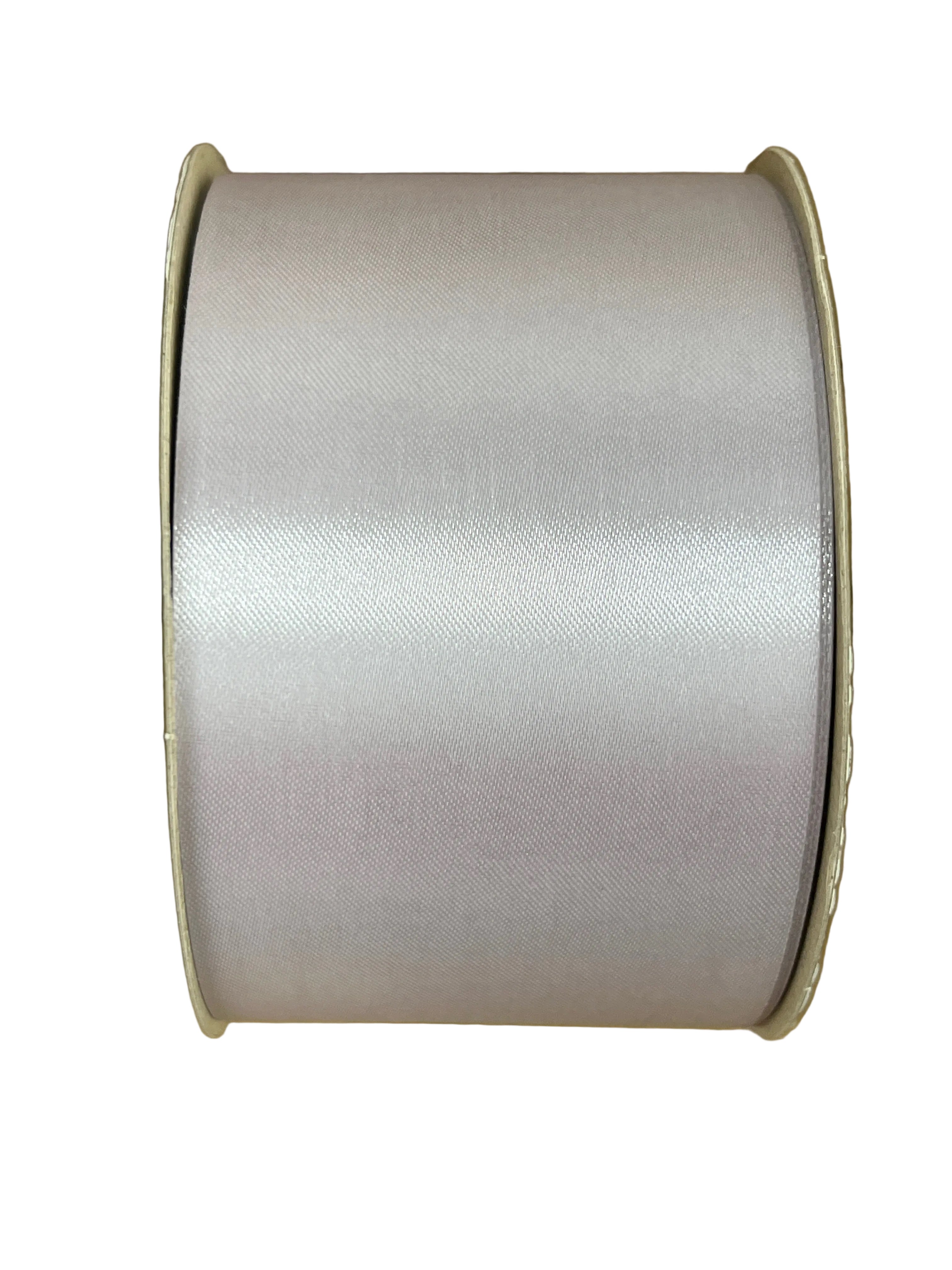 Spool of 2.5-inch wide silver grey satin acetate ribbon with a smooth, non-wired finish for crafts and floral design.