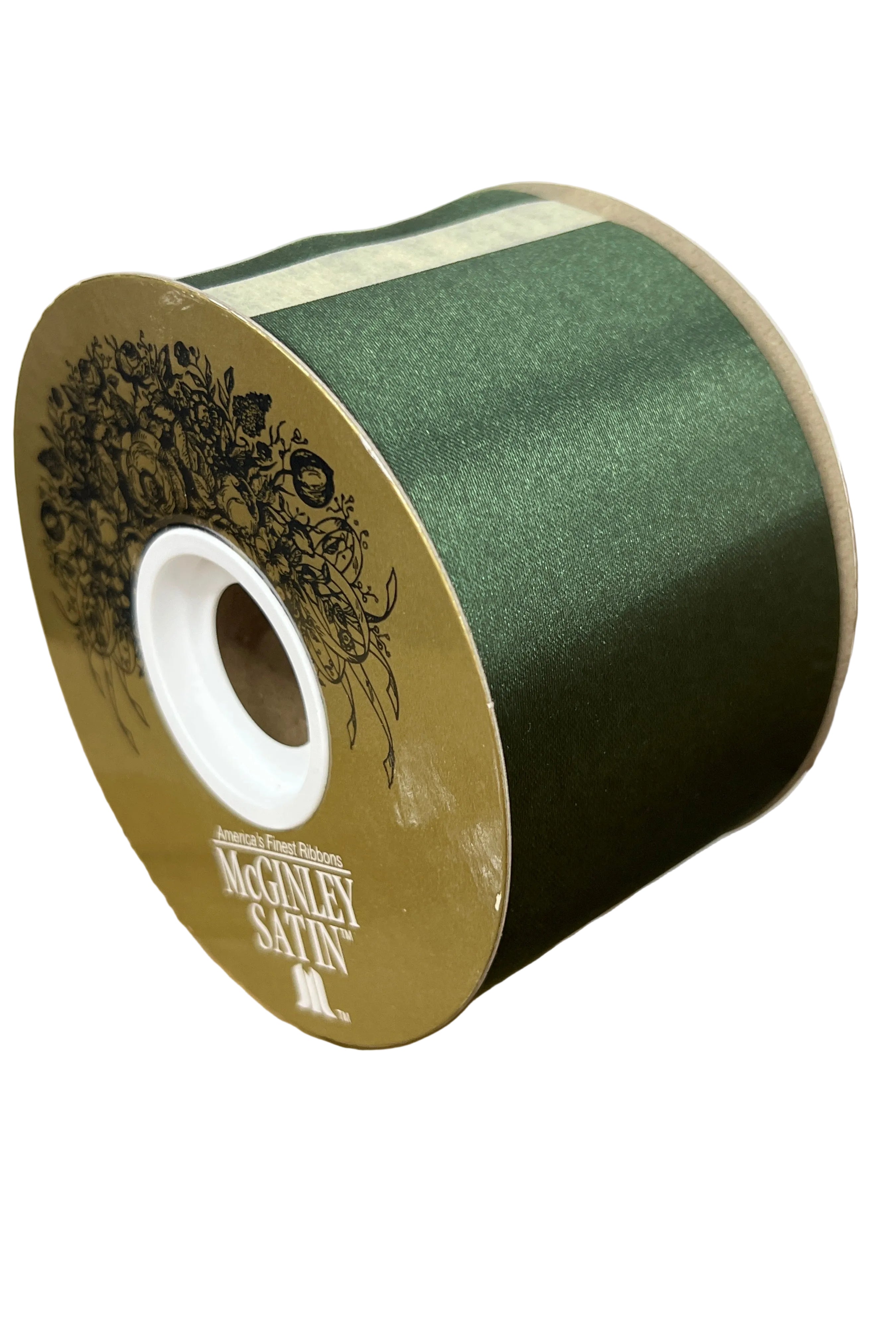 Spool of 2.5-inch hunter green McGinley satin acetate ribbon with a smooth, non-wired finish for crafts.