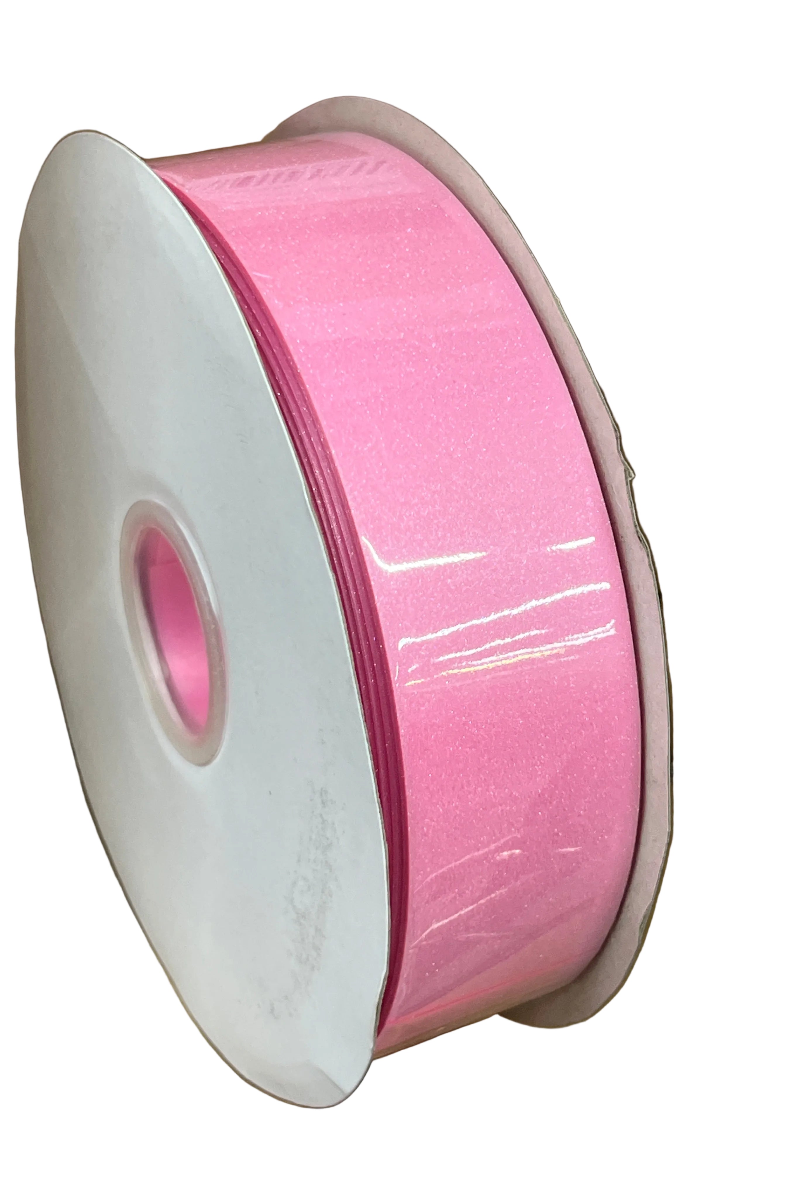 Spool of pink diamond dust ribbon, 1 5/8 inch wide, featuring a sparkling finish for crafts and homecoming mums.