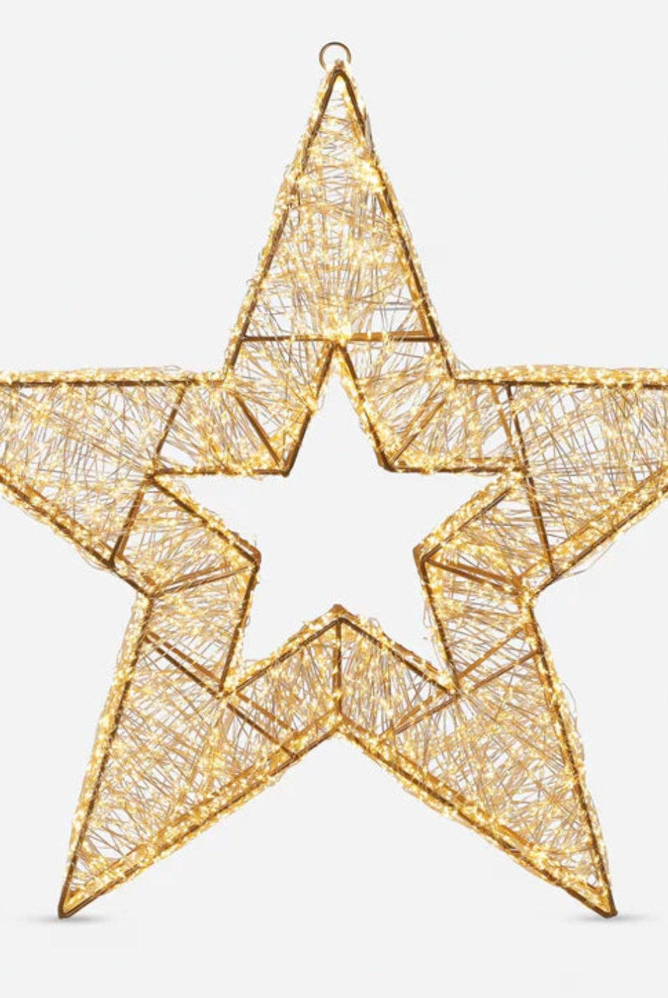 22-inch gold wire frame star decoration illuminated with warm white LED lights for elegant home decor.
