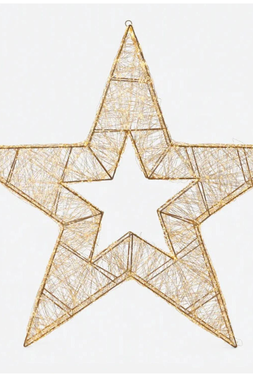 Large gold wireframe star decoration illuminated with warm white lights, measuring 39.5 inches tall.