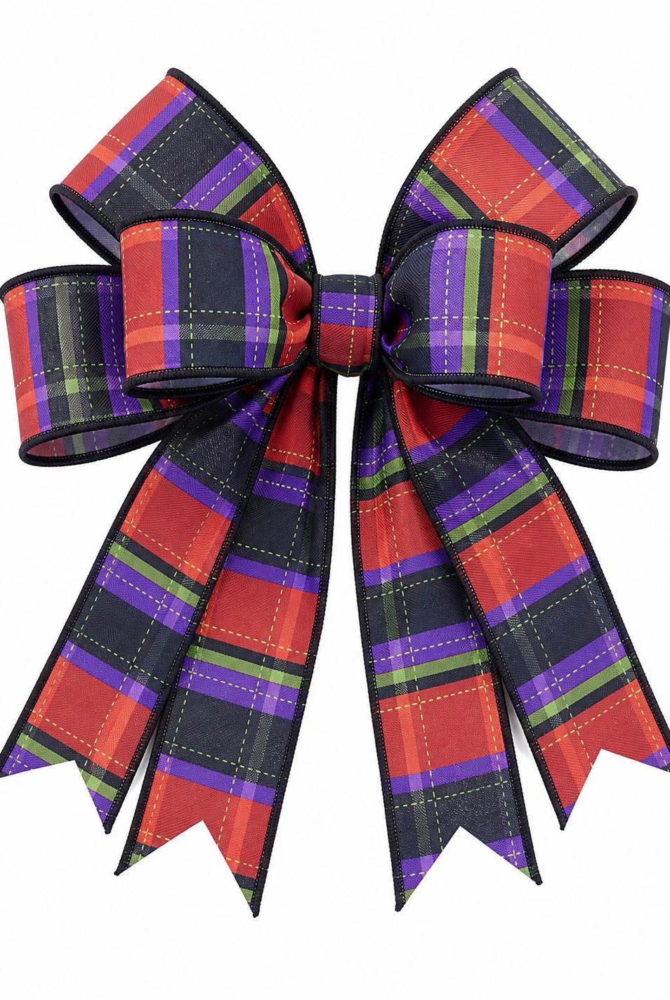 2.5-inch wired ribbon bow in orange, black, and purple dashed plaid pattern.
