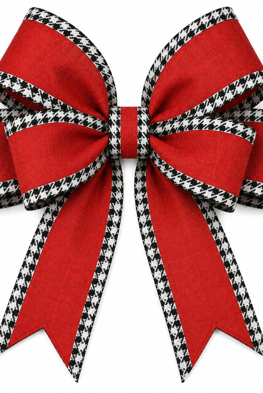 2.5-inch red ribbon with a black and white houndstooth wired edge, styled into a decorative bow.