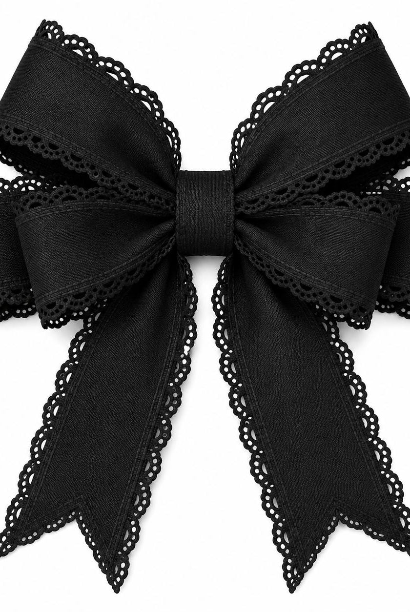 Elegant 2.5-inch black wired ribbon tied into a bow with intricate scalloped lace edges.