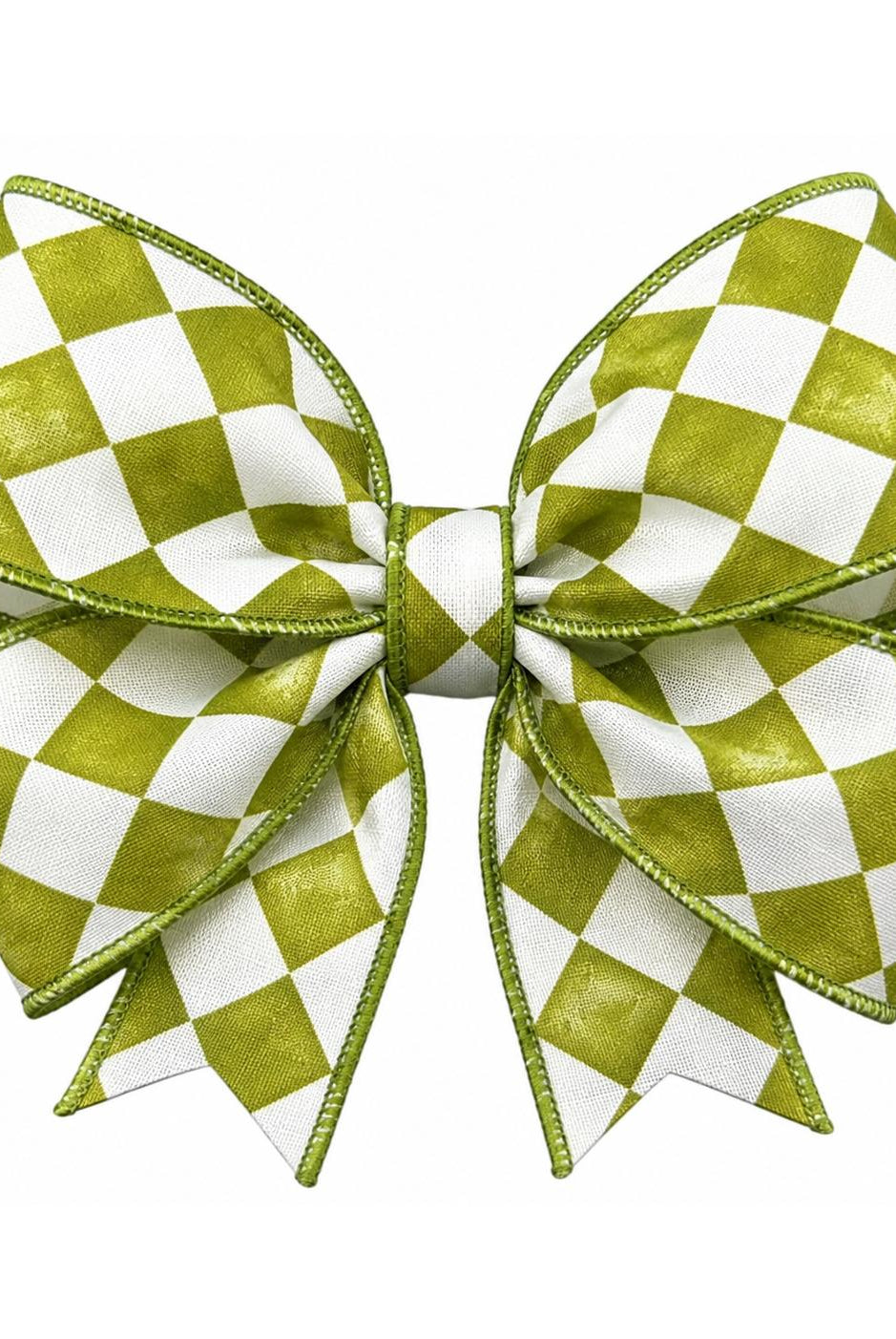 2.5-inch moss green and white tipsy check canvas ribbon tied into a decorative bow.