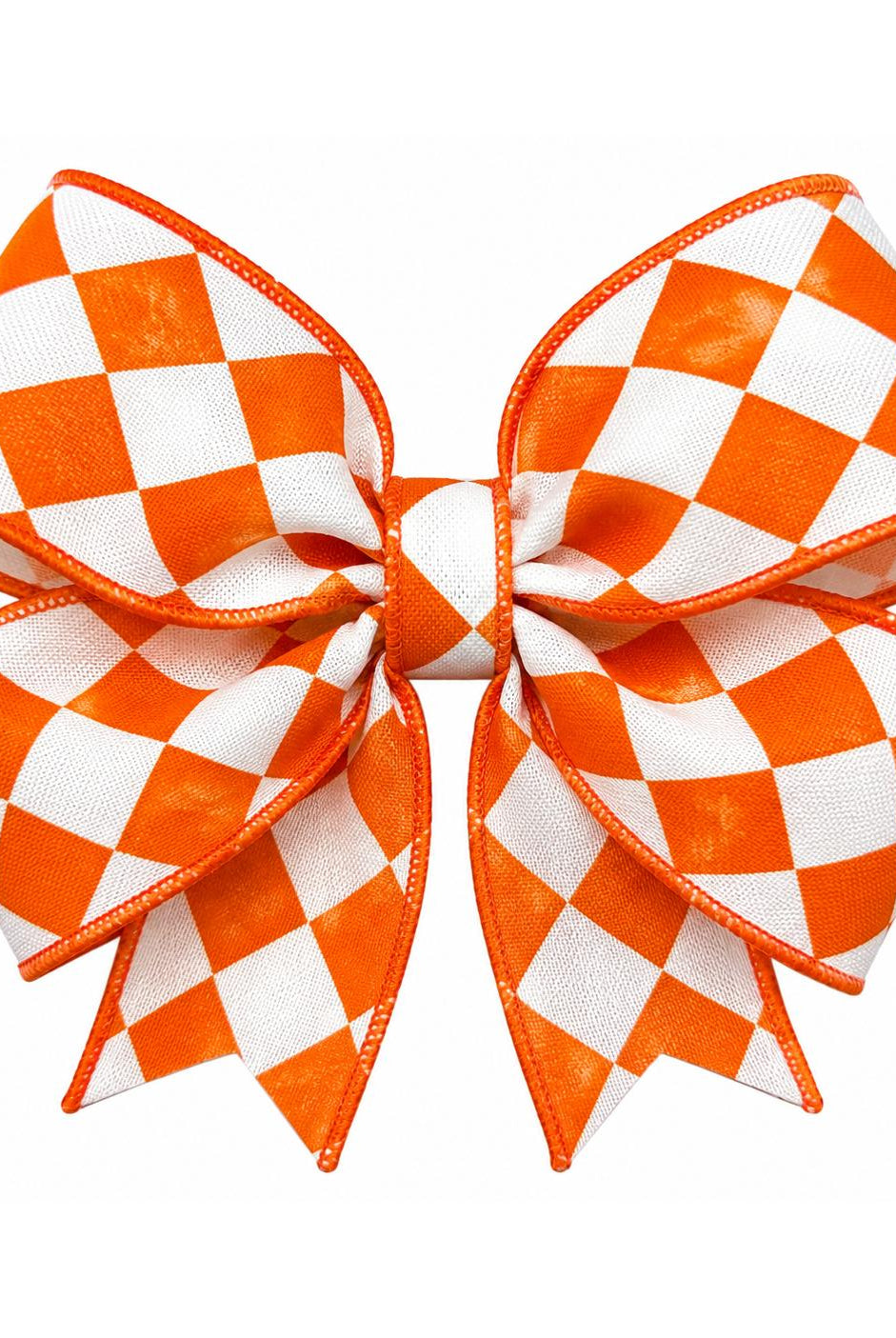 2.5-inch orange and white tipsy check canvas ribbon tied into a decorative bow.