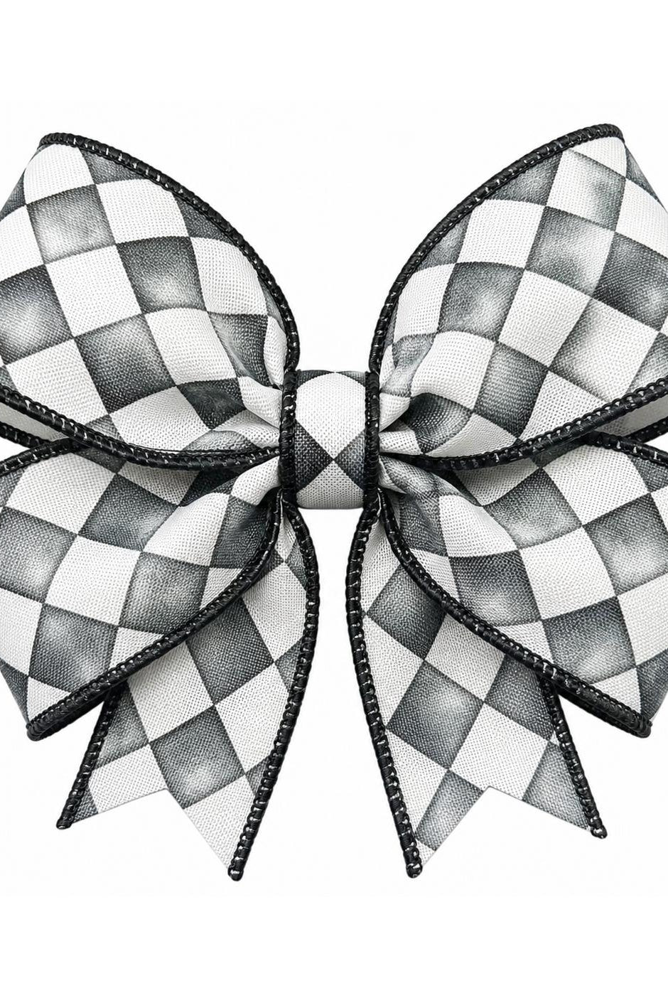 2.5-inch black and white tipsy check canvas ribbon tied into a decorative bow.