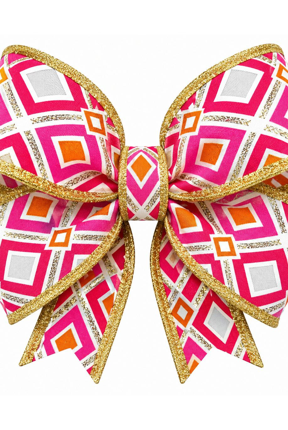 1.5-inch wired ribbon bow featuring an abstract diamond pattern in orange, gold, and fuchsia with metallic gold edges.