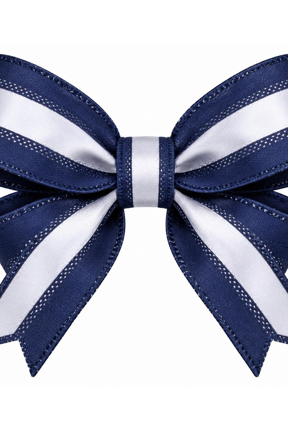 1.5-inch navy and grey striped satin ribbon tied in a bow with a wired edge for craft and wreath projects.