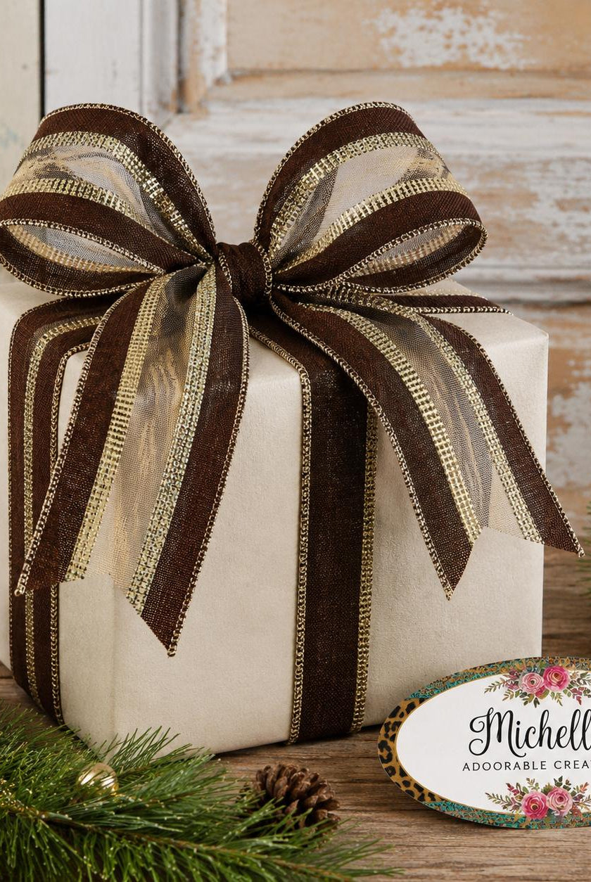 2.5-inch brown and gold wired burlap mesh ribbon tied in a bow on a gift box.