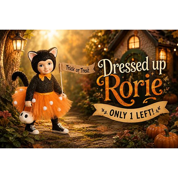 Bethany Lowe Rorie figurine in a glittery black cat costume with an orange polka-dot tutu holding a Trick or Treat sign.