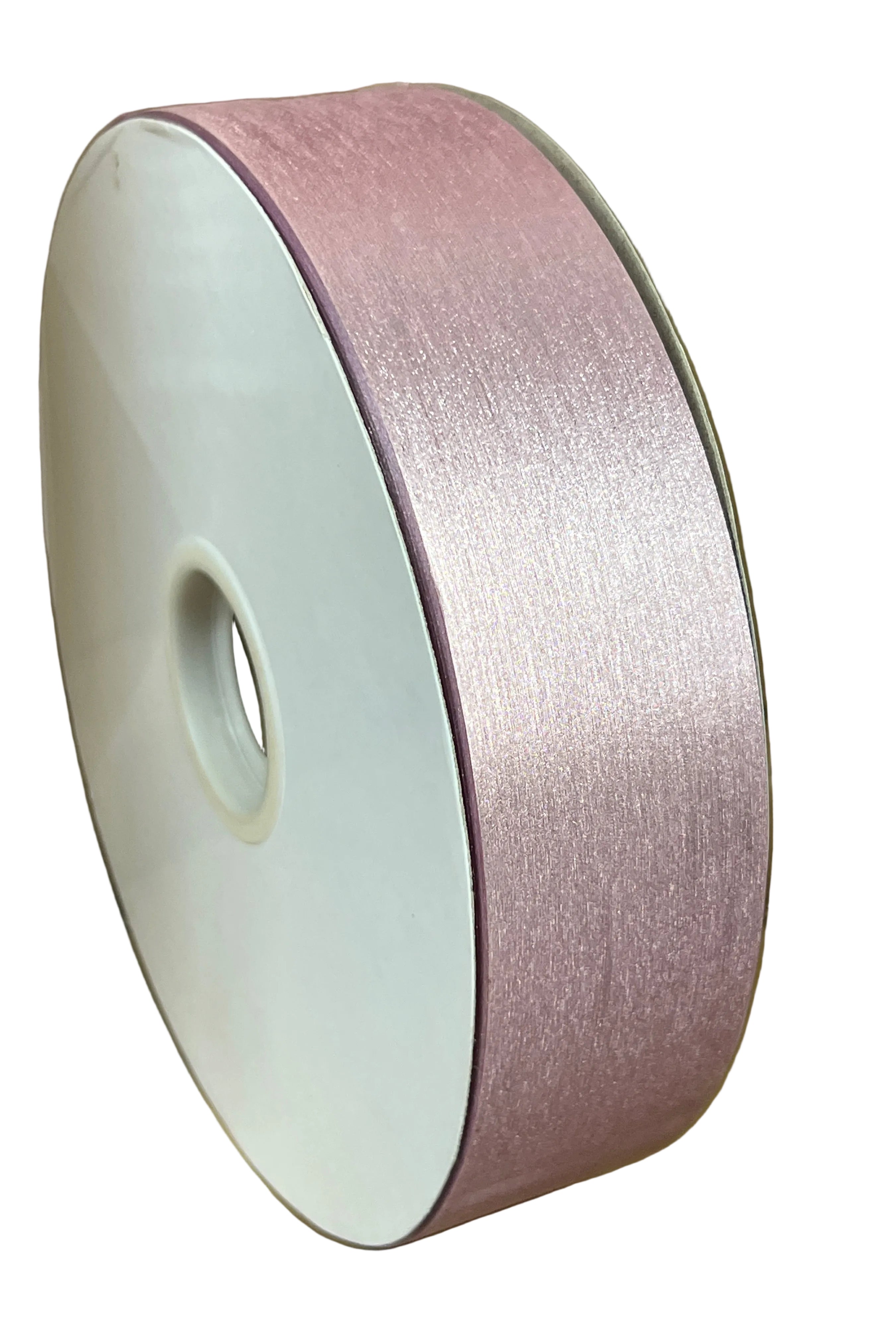 Spool of #9 pink diamond dust non-wired ribbon with a shimmering metallic texture for homecoming mums.