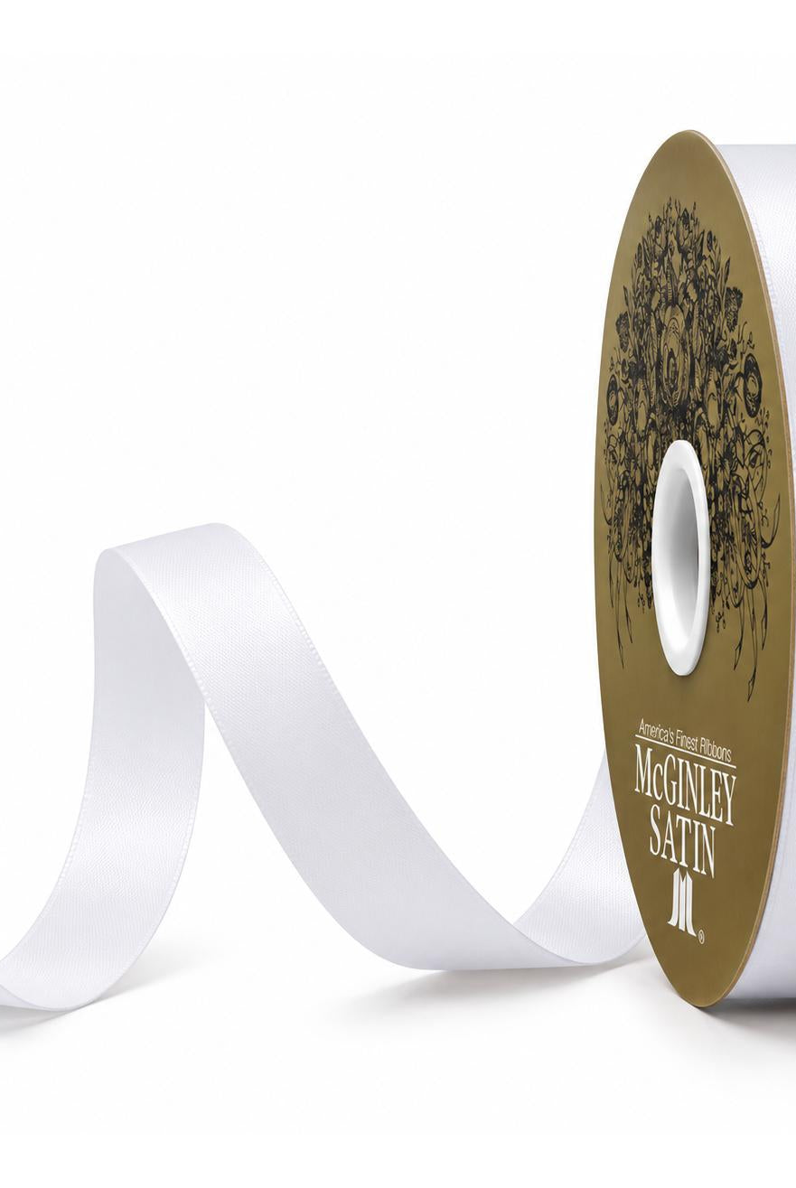 McGinley white satin ribbon spool with gold label