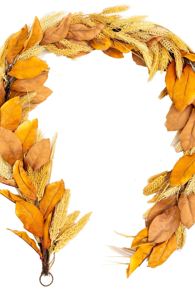 72-inch autumn wheat garland featuring golden wheat stalks and warm orange leaves for rustic farmhouse decor.