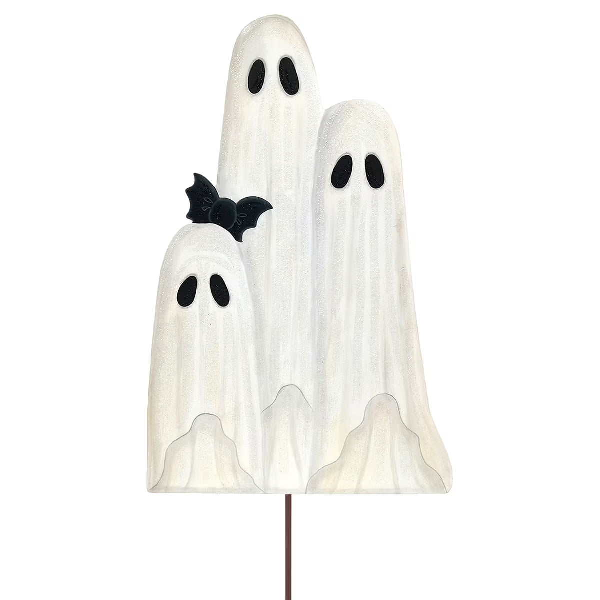 Large white ghost family Halloween yard stake with black eyes and a small bat accent, 24 inches tall.