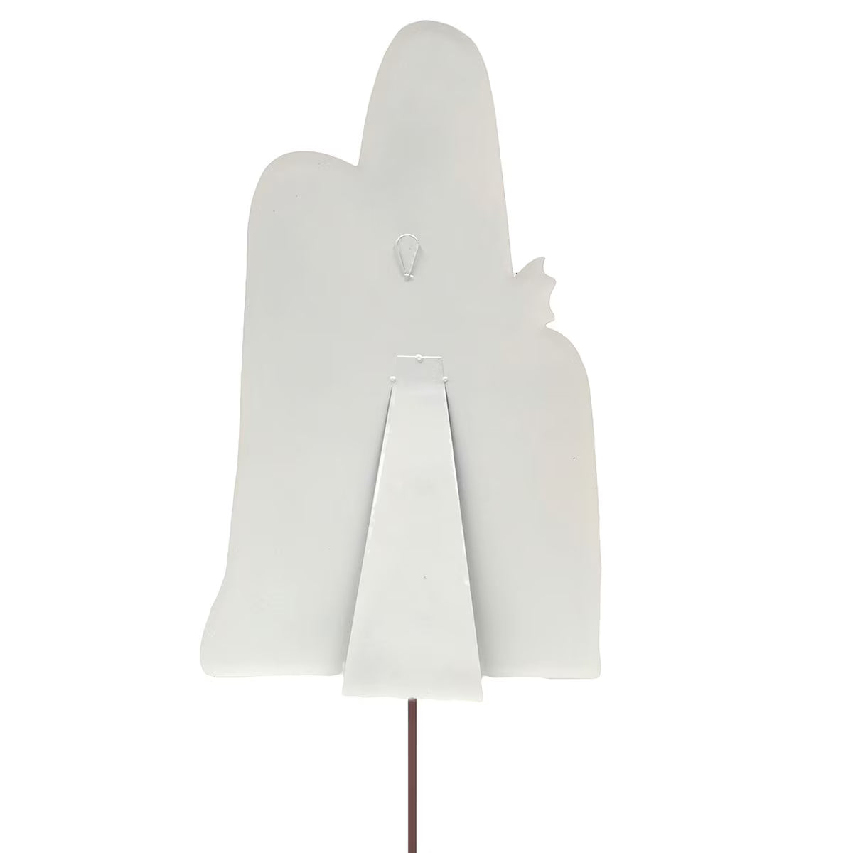 Back view of a white ghost family cutout with an attached easel stand, hanging hook, and metal yard stake.