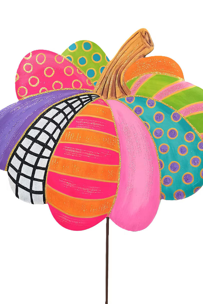 Colorful 19-inch pumpkin garden stake with vibrant patterned segments, glitter accents, and a sturdy metal display rod.