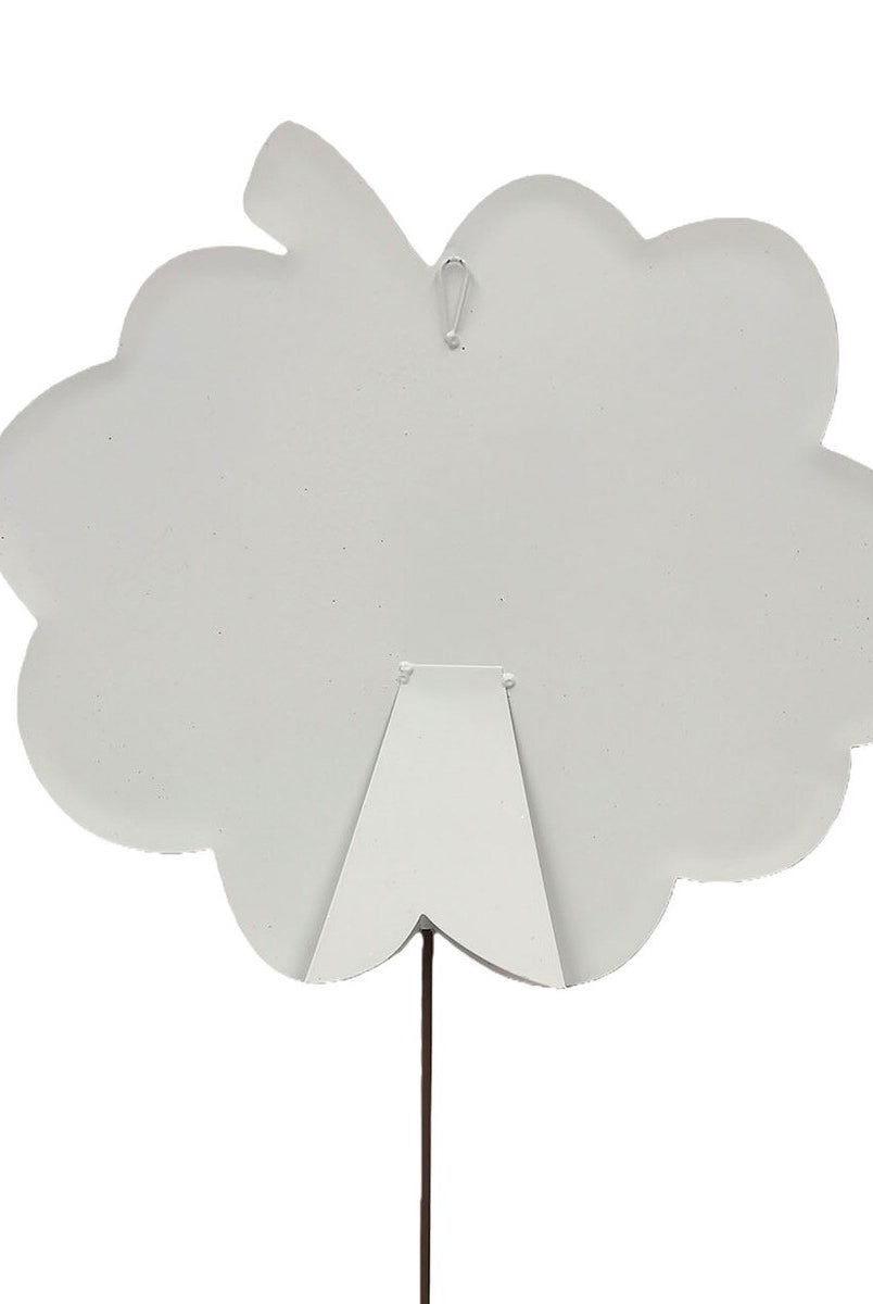 Back view of a 19-inch white pumpkin garden stake featuring an easel stand and hanging loop for versatile fall decor.