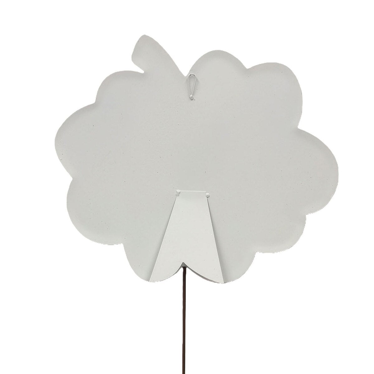 Back view of a 19-inch white pumpkin garden stake featuring an easel stand and hanging loop for versatile fall decor.