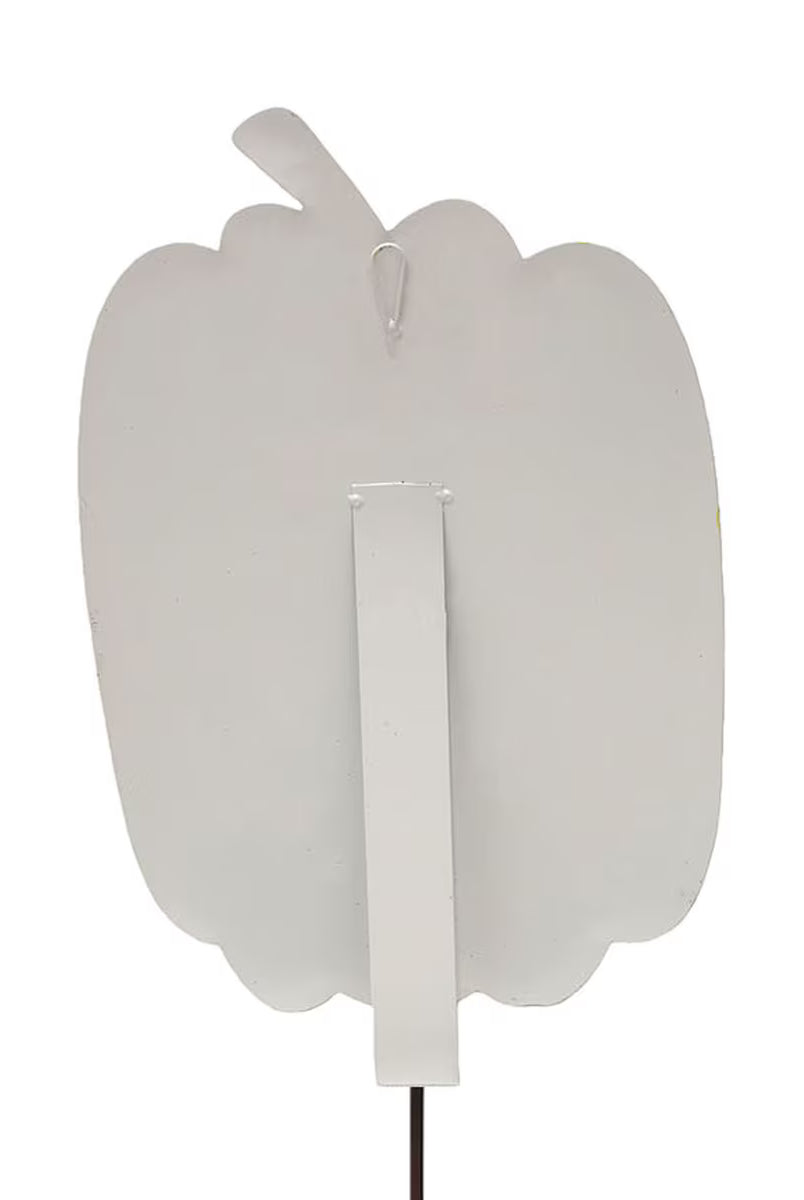 Back view of an 18-inch tall pumpkin garden stake featuring a white metal finish, hanging loop, and sturdy easel stand.