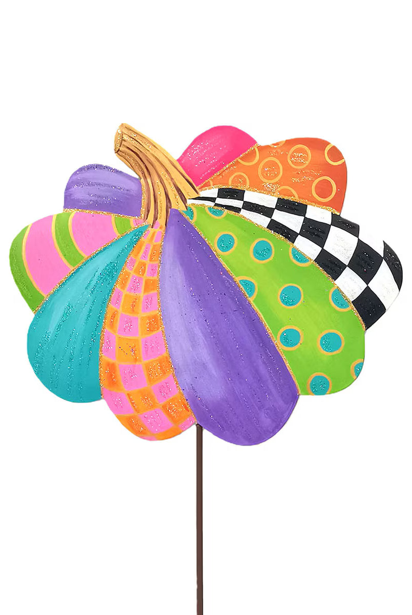 Small 12-inch decorative pumpkin garden stake featuring vibrant, multi-colored patterns, polka dots, and a black-white check.