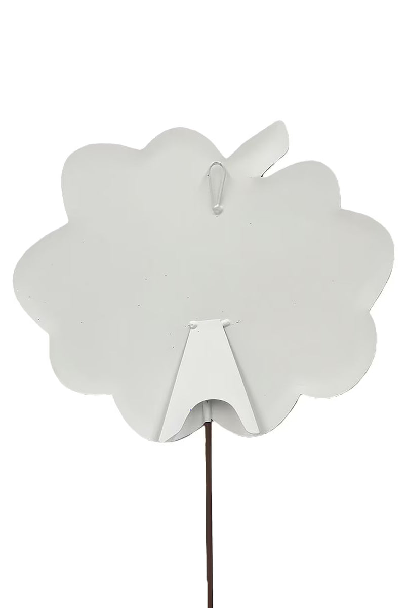 Back view of a 12-inch white metal pumpkin garden stake with an attached easel stand and hanging loop.