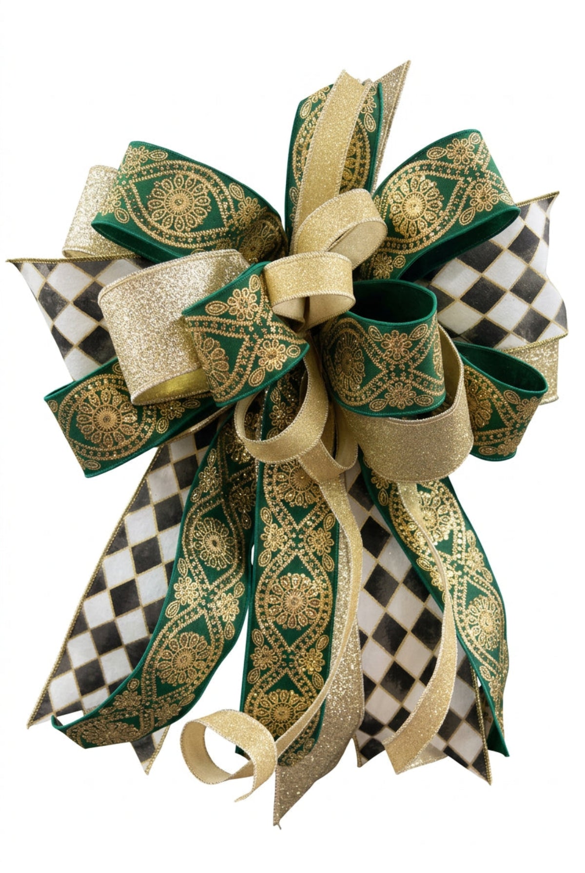 Green gold harlequin pull bow with wired edges for Christmas gift wrapping