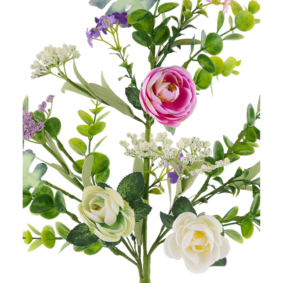 Close-up of textured fabric roses and mixed greenery on a wired stem in the 25-inch floral spray