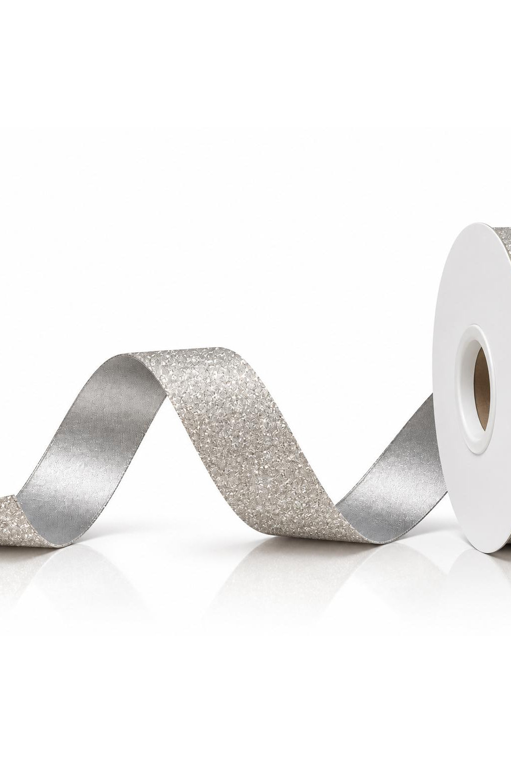 Unspooled #3 Silver Diamond Dust Ribbon Showing Glitter Finish