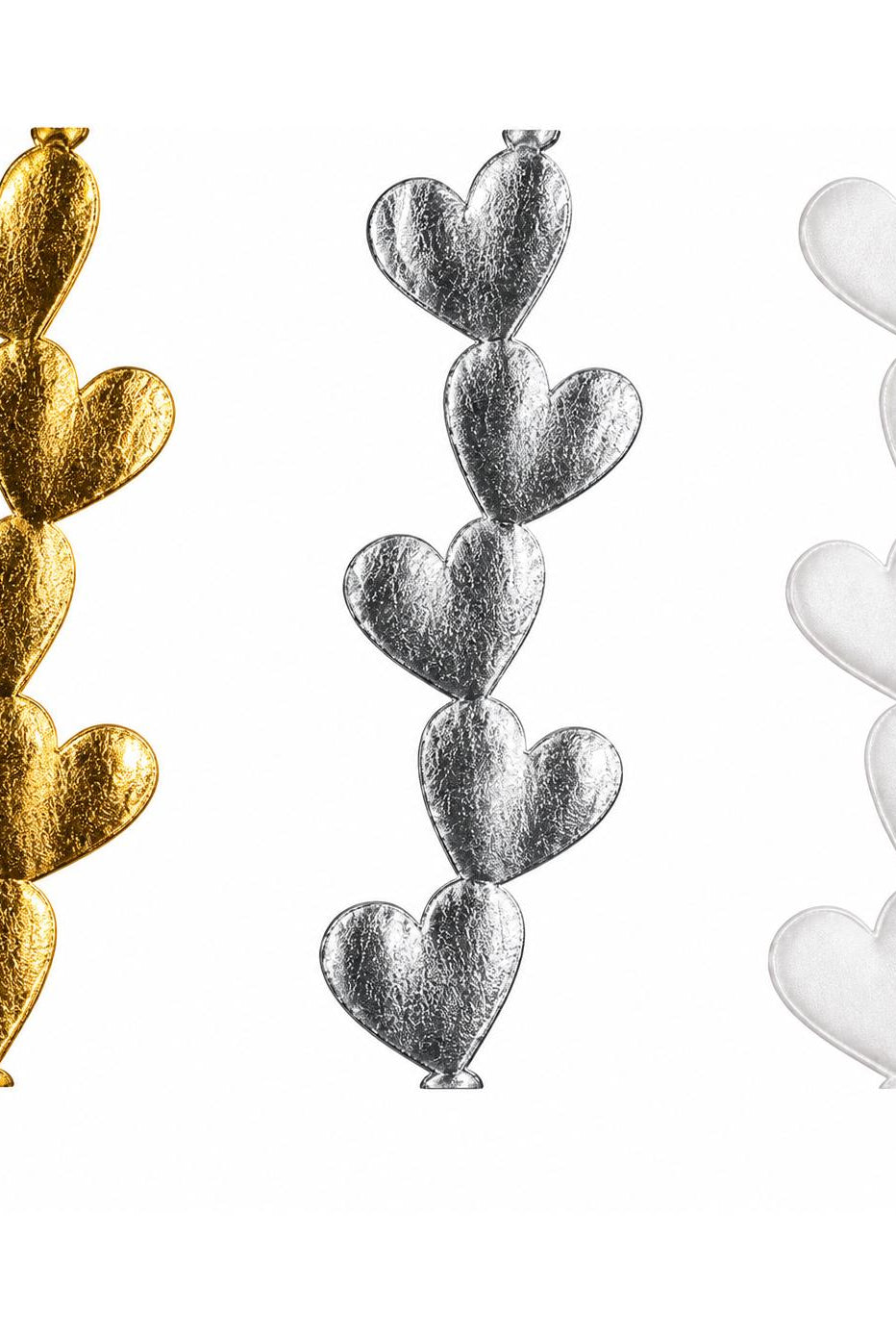 Assorted gold, silver, and white metallic heart garlands side-by-side