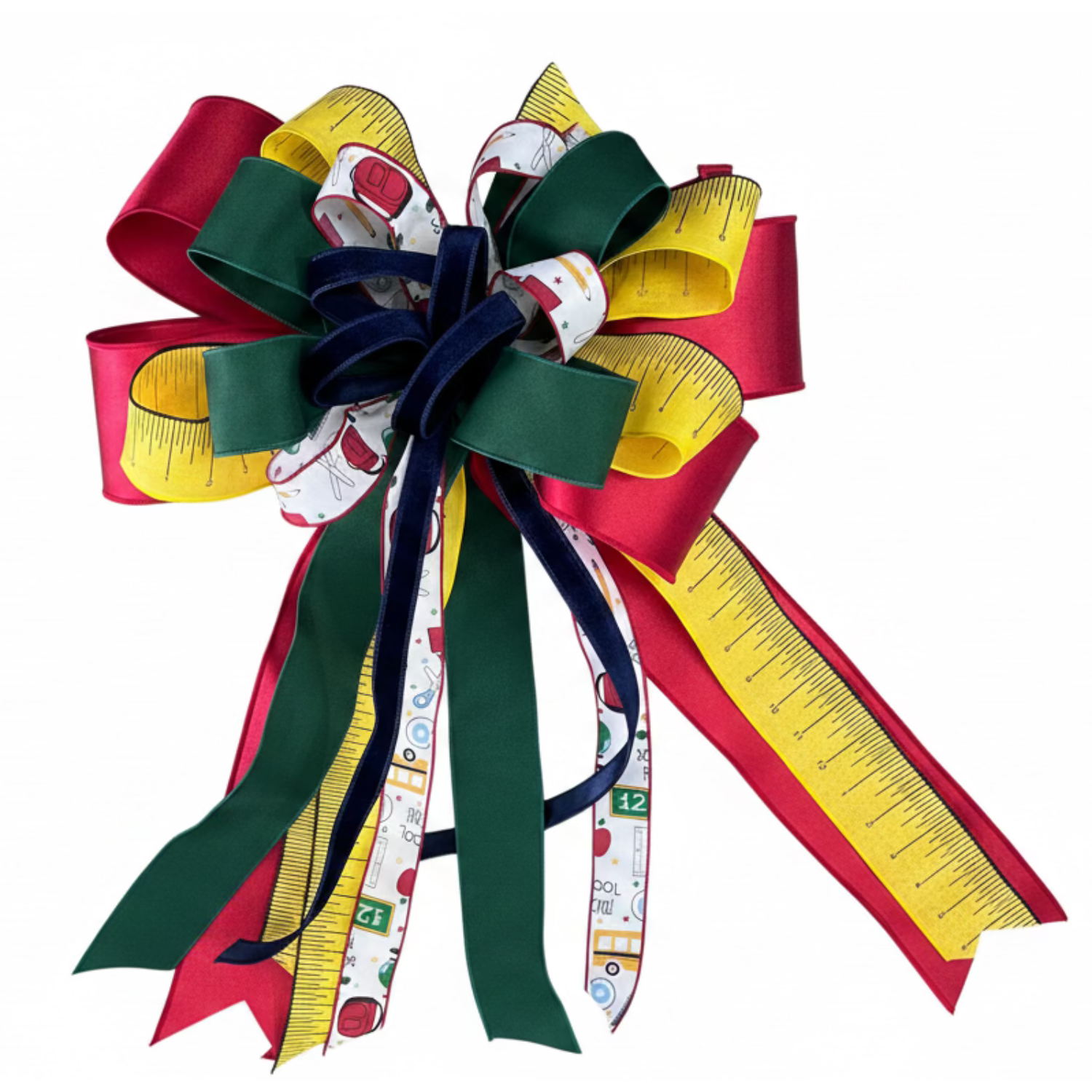 Large back-to-school decorative bow with red, green, and yellow ruler-patterned ribbons and school supply motifs.