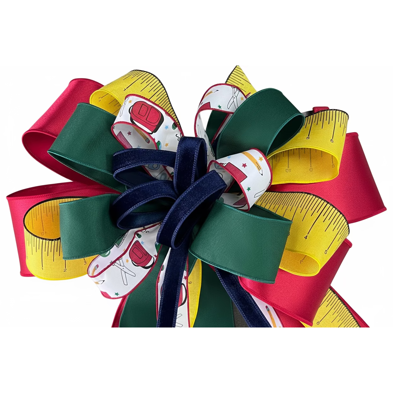 Large back-to-school bow featuring red, green, and yellow ribbons with school supply patterns and a navy velvet center.