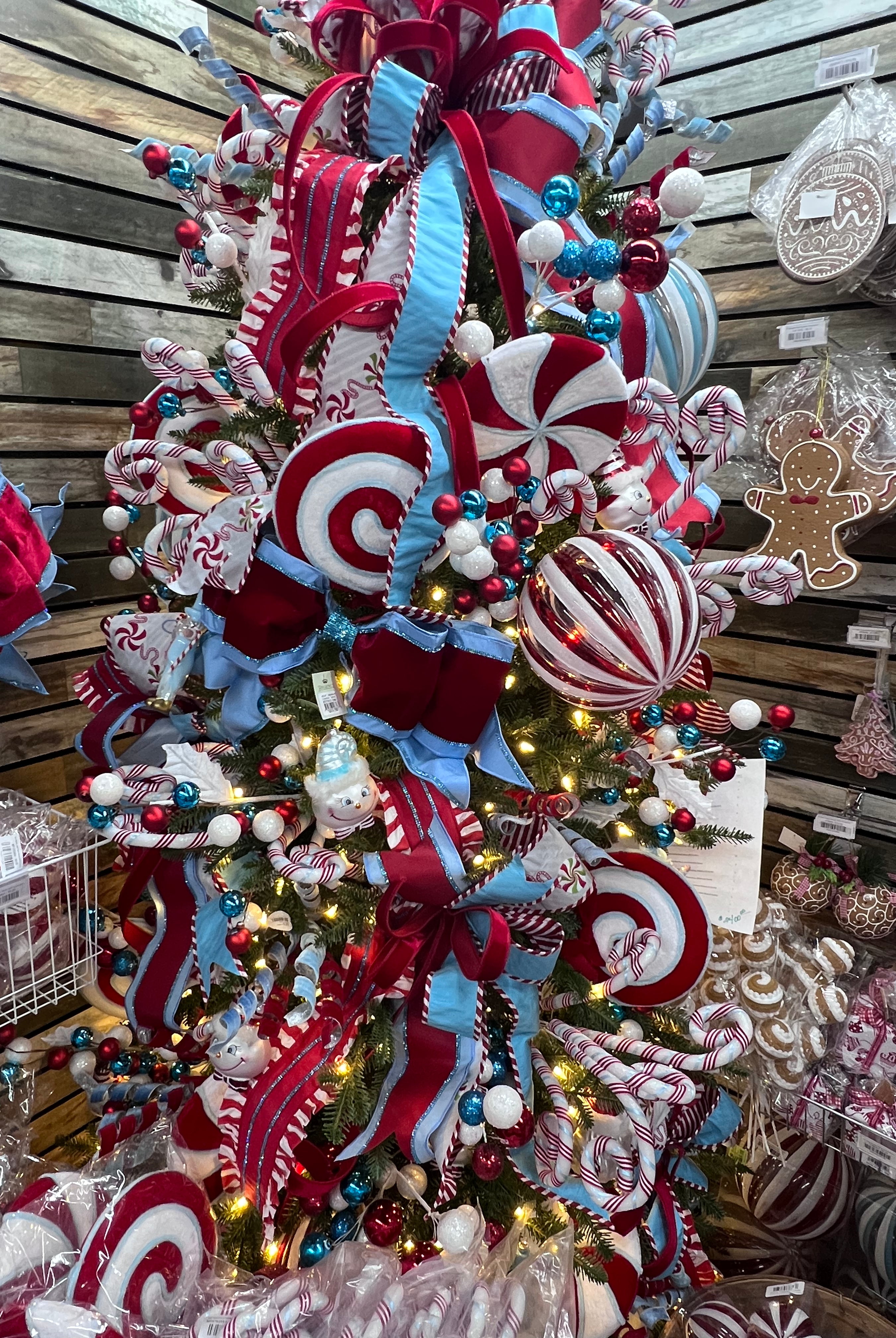 Red, white, and ice blue peppermint ornaments on Christmas tree