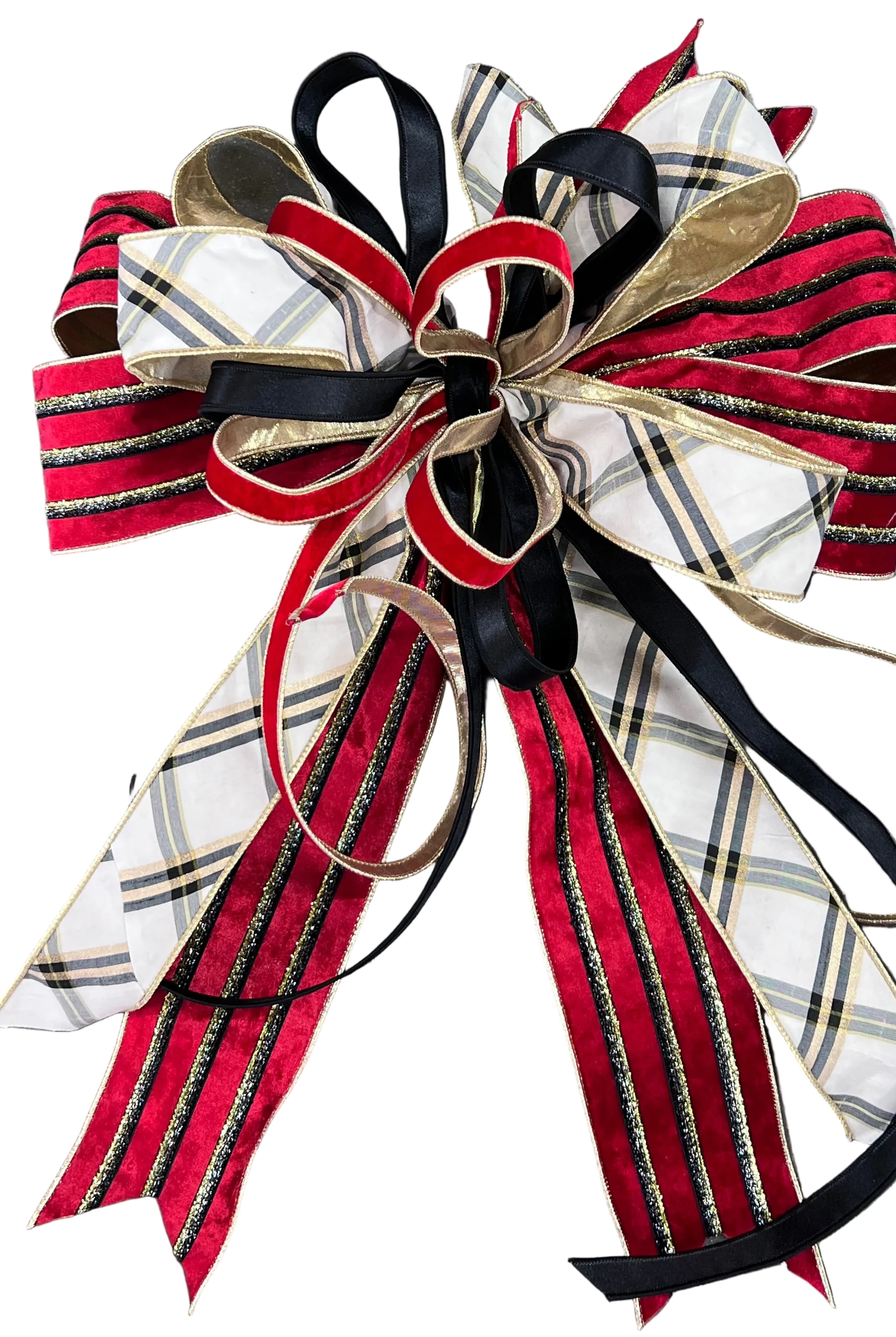 Red gold black velvet plaid wired pull bow for Christmas gifts