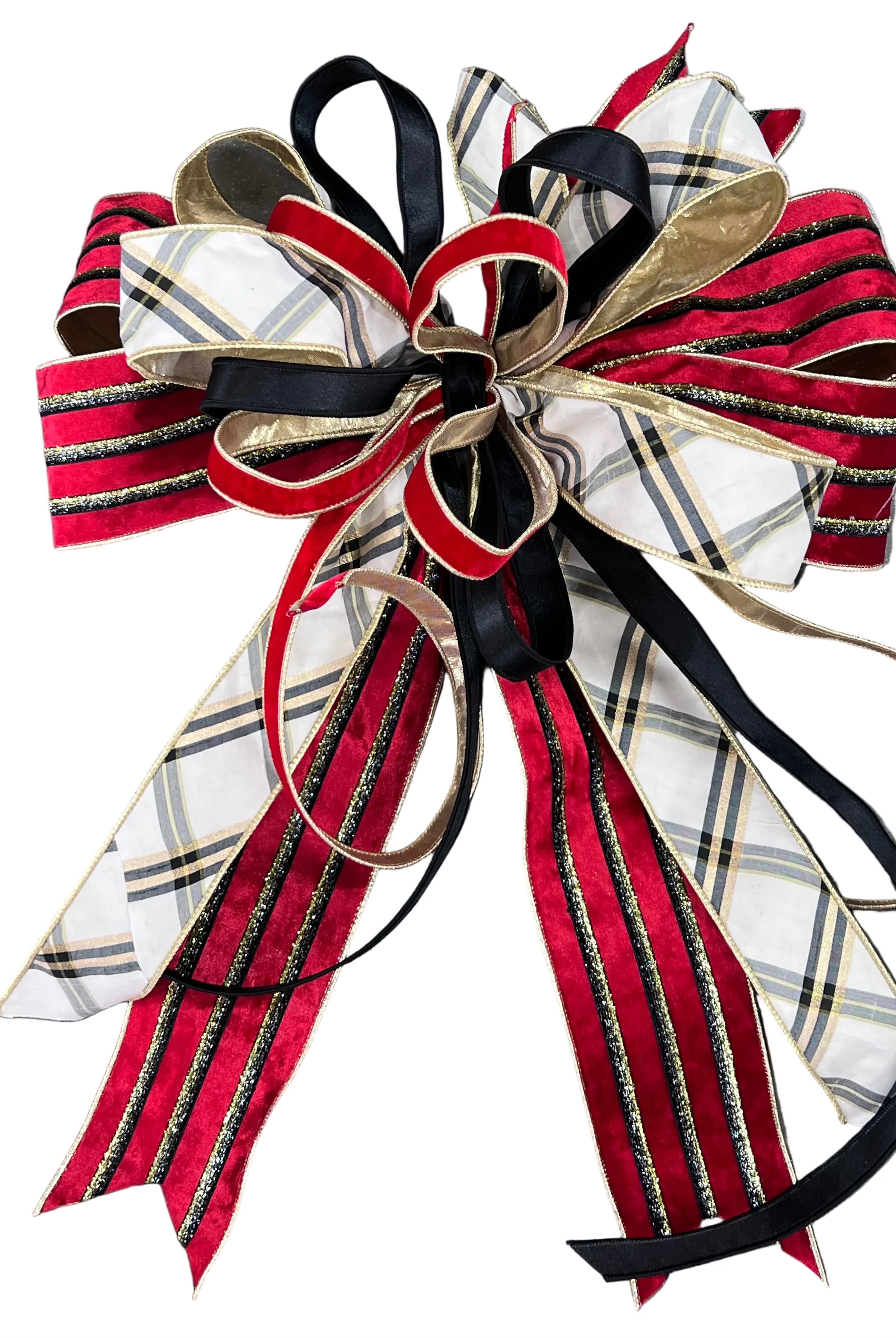 Layered red striped velvet and plaid Christmas decorative bow