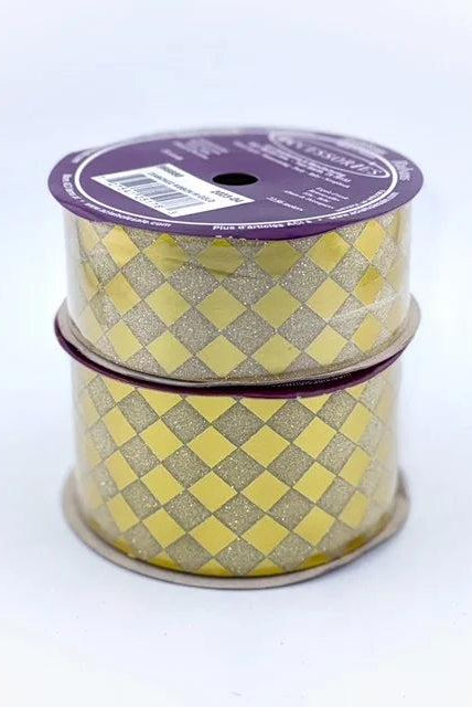 Gold and silver diamond-patterned non-wired ribbon spool, 1.5-inch width, ideal for homecoming mum decorations.