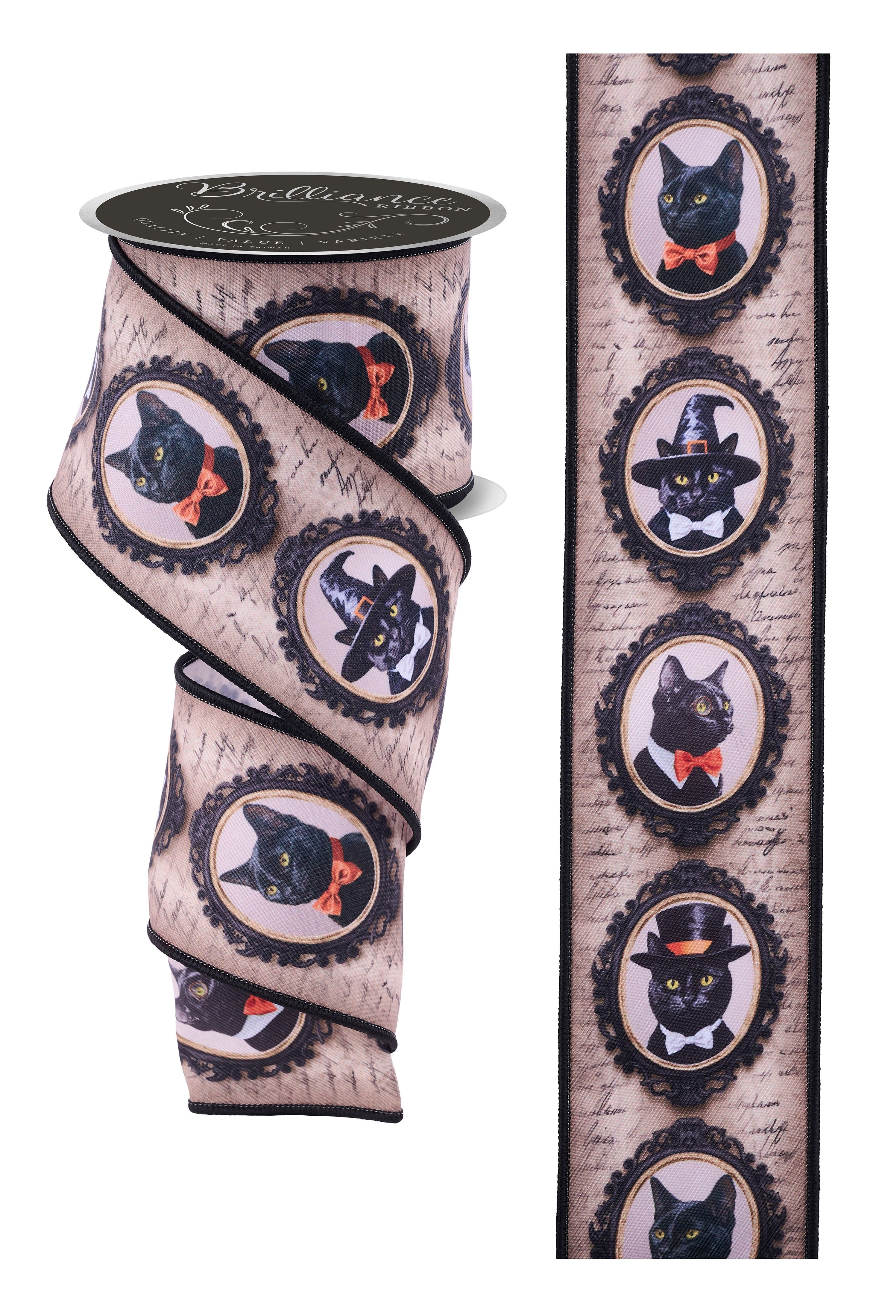 2.5-inch wired ribbon featuring vintage black cat portraits in ornate frames on a script-print background with black edges.