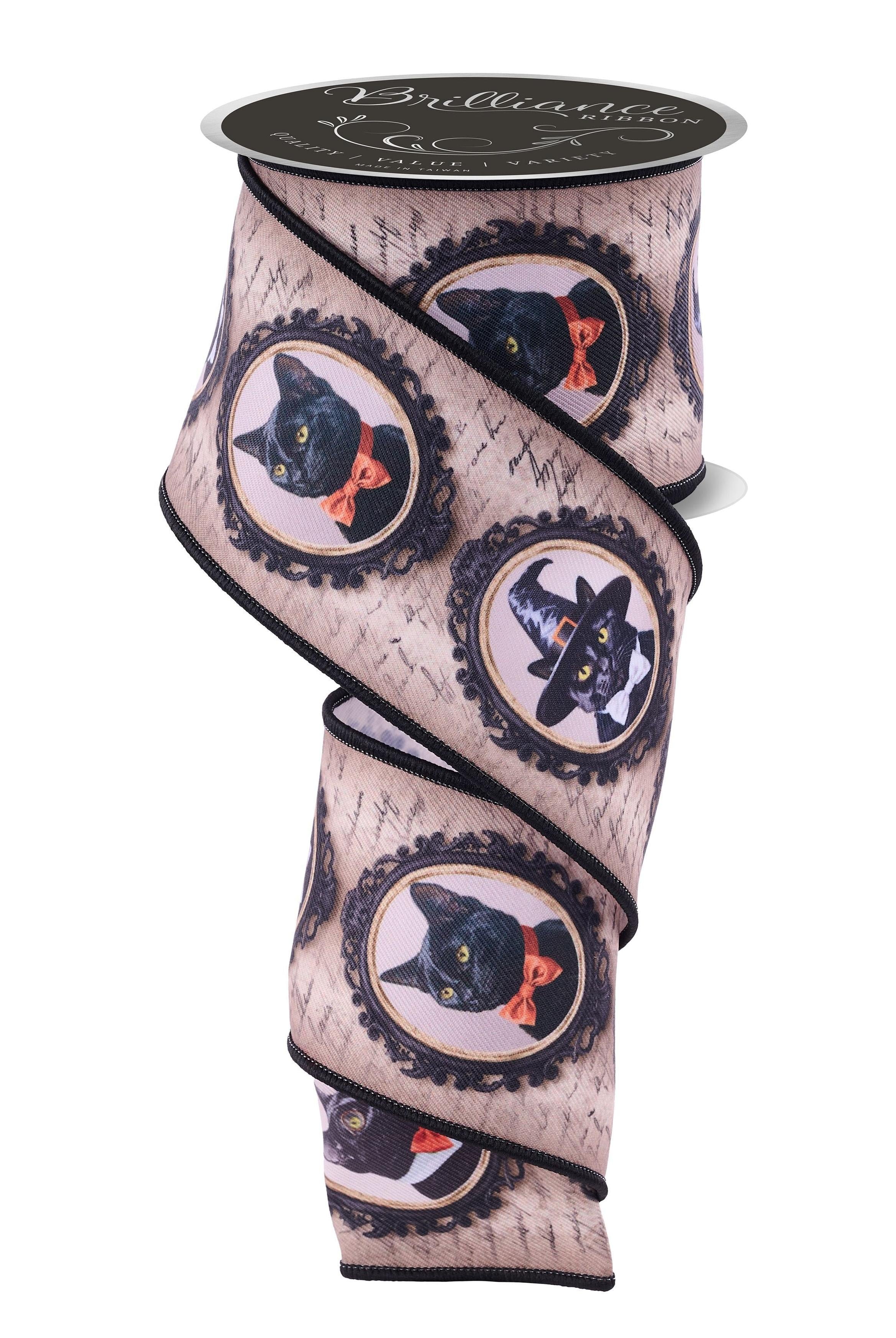 2.5-inch wired ribbon featuring vintage black cat portraits in ornate frames on a textured tan background.