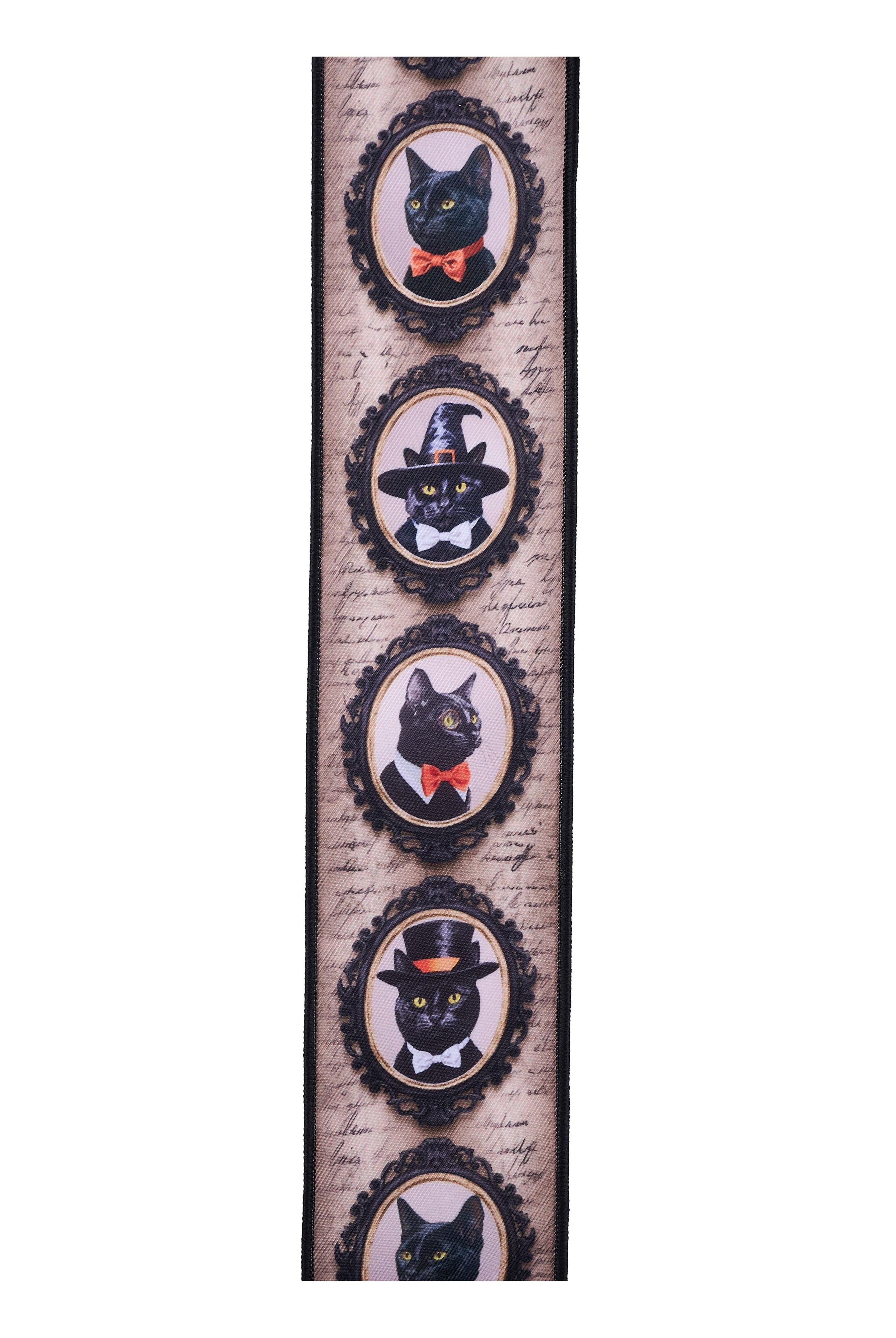 2.5-inch wired ribbon featuring vintage black cat portraits in ornate frames on a script-print background with black edges.