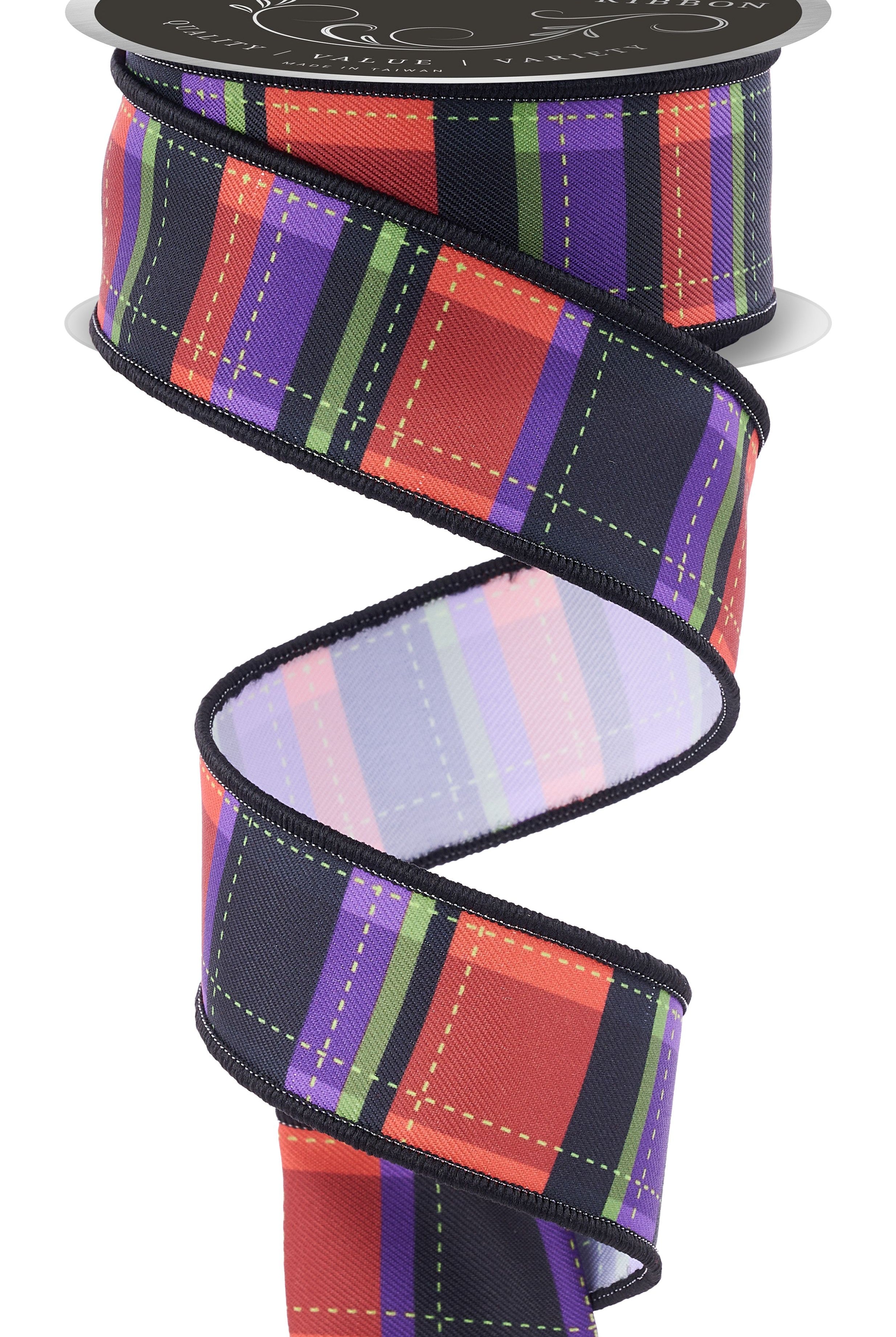 1.5-inch orange, black, and purple dashed plaid wired ribbon on a 10-yard spool for seasonal crafting.