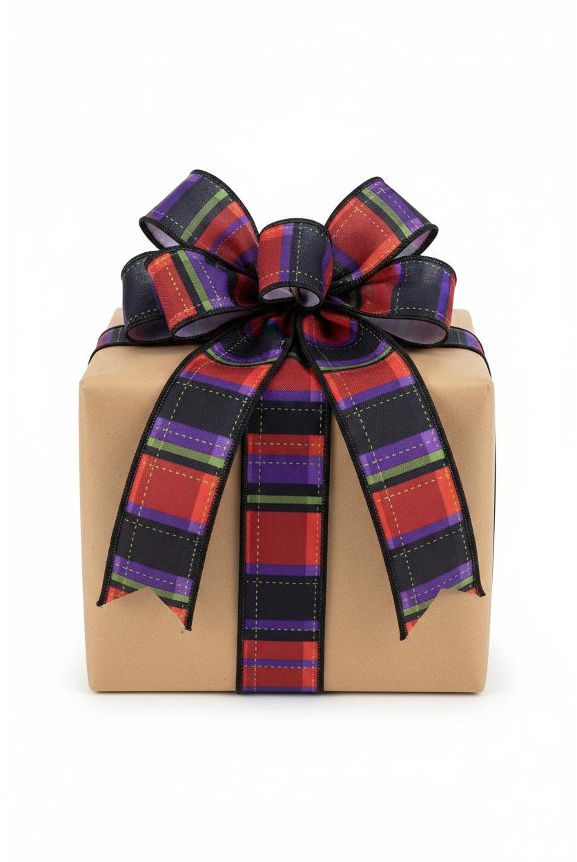 2.5-inch orange, black, and purple dashed plaid wired ribbon tied in a decorative bow on a kraft gift box.