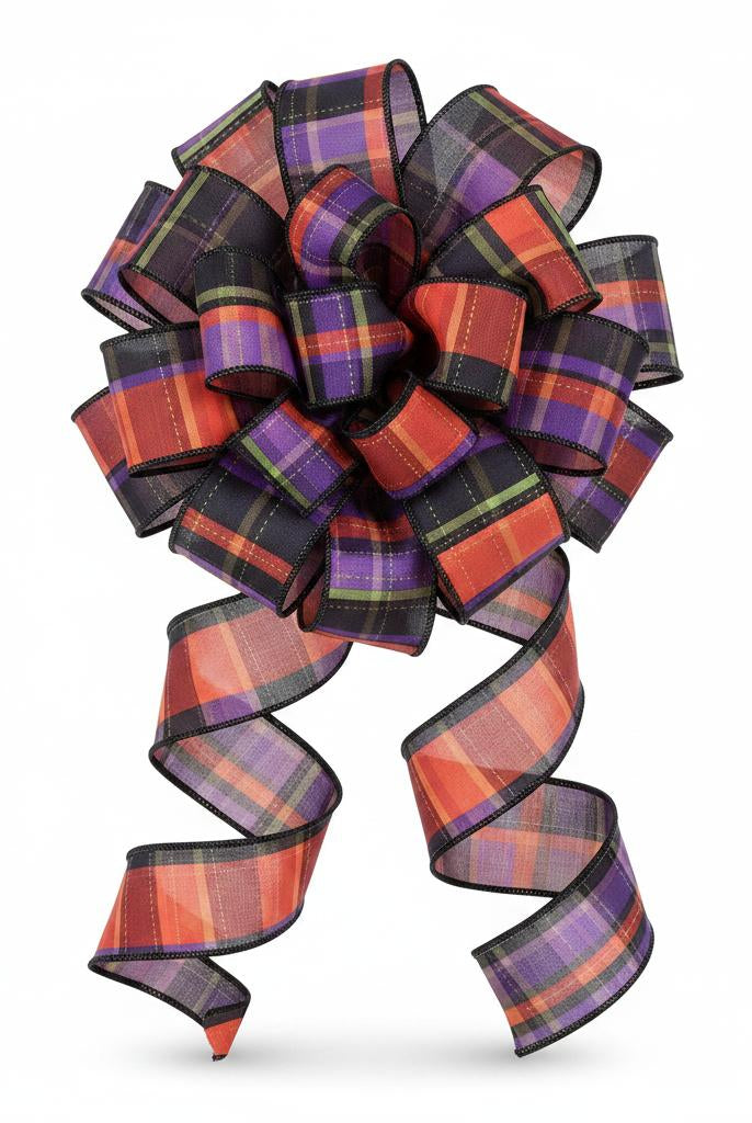 2.5-inch wired ribbon bow in orange, black, and purple dashed plaid pattern.