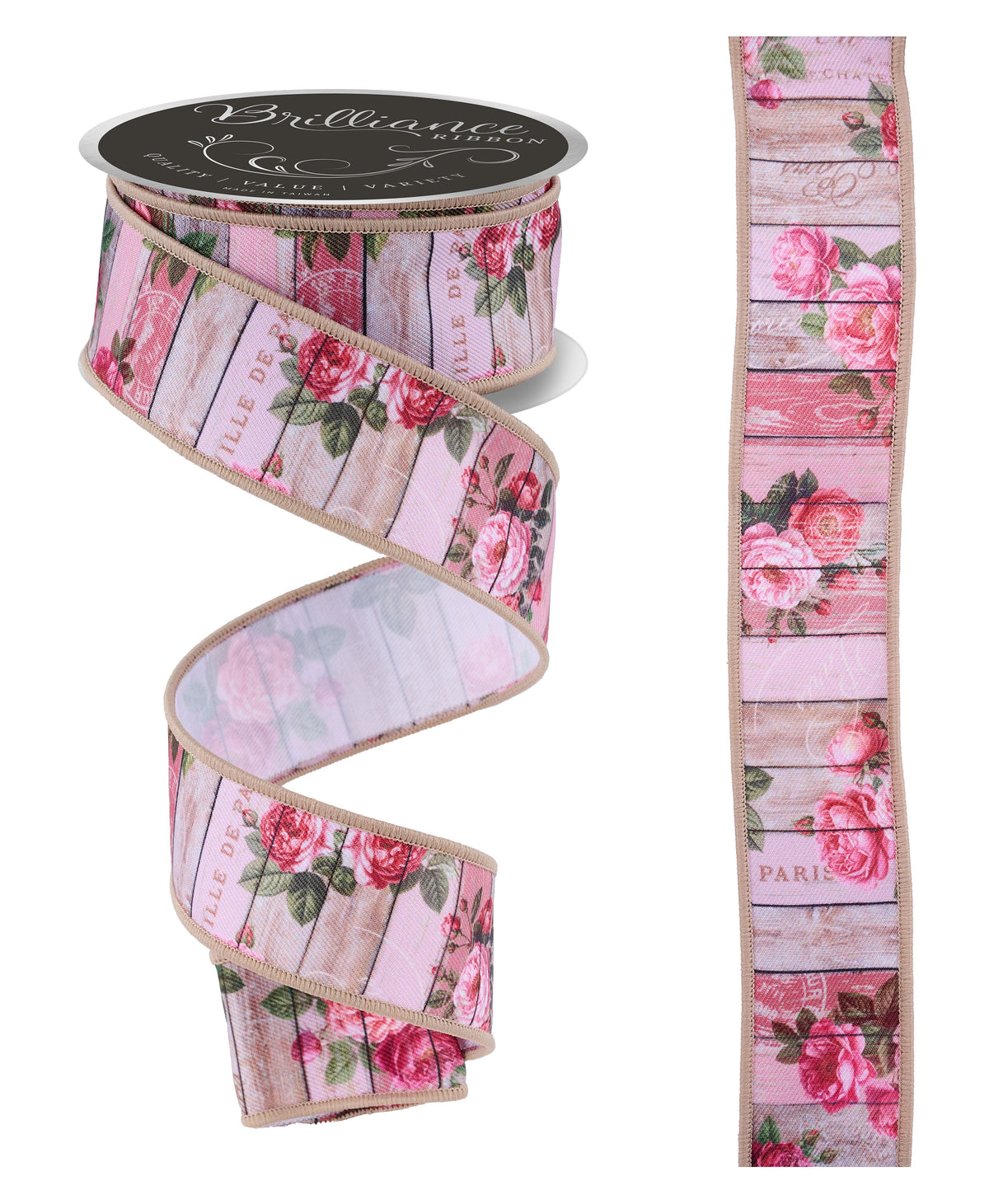 Pink and beige floral wood slat wired edge ribbon with roses