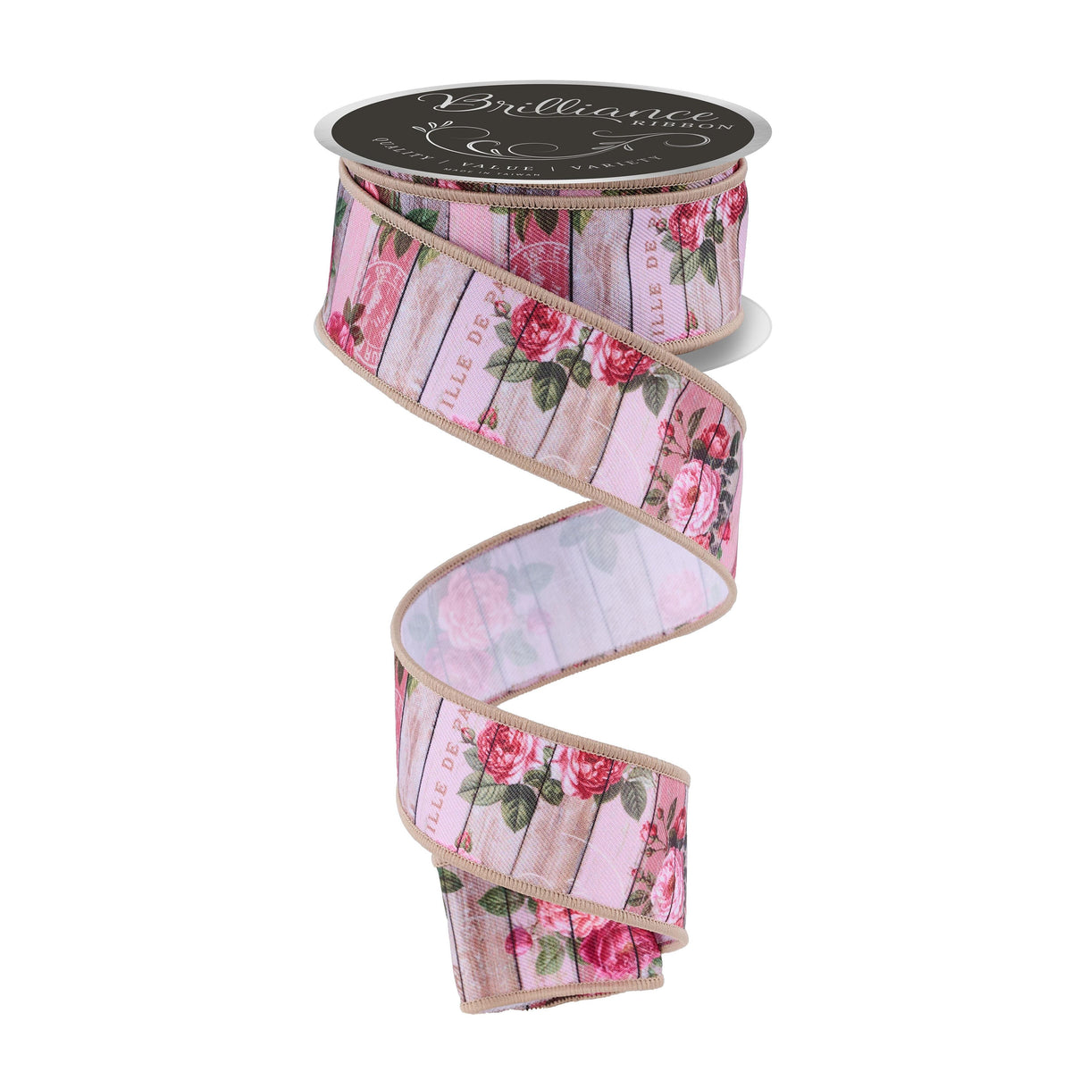 Rustic pink wooden plank and rose pattern wired gift ribbon
