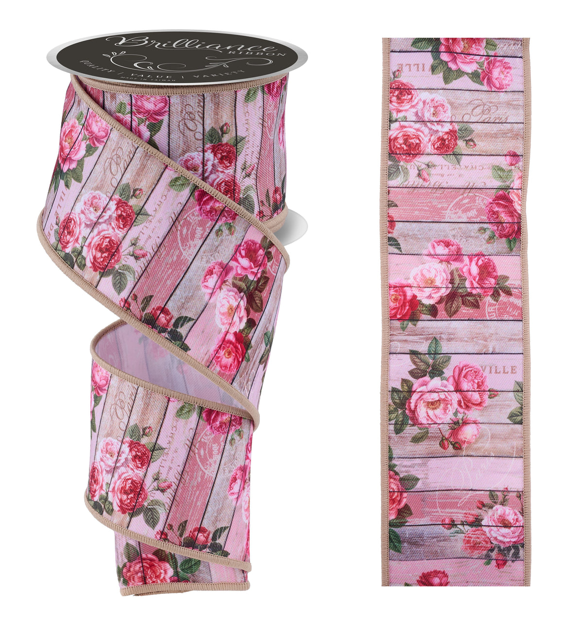 Brilliance Ribbon spool with pink rose and weathered wood pattern