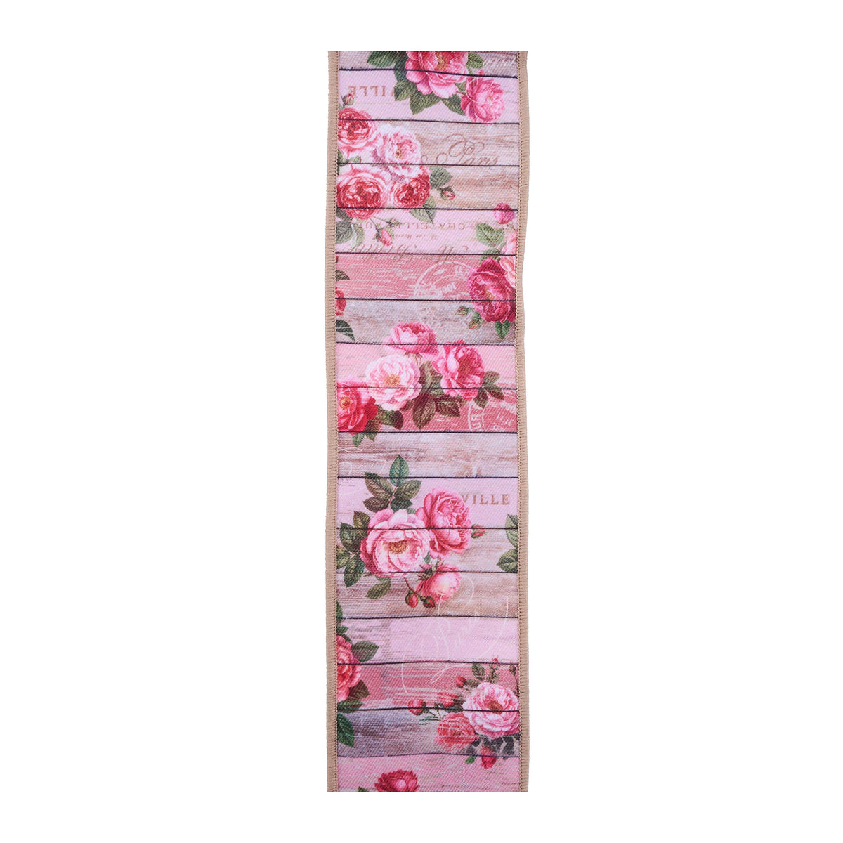 Pink and beige floral wood slat wired edge ribbon with roses
