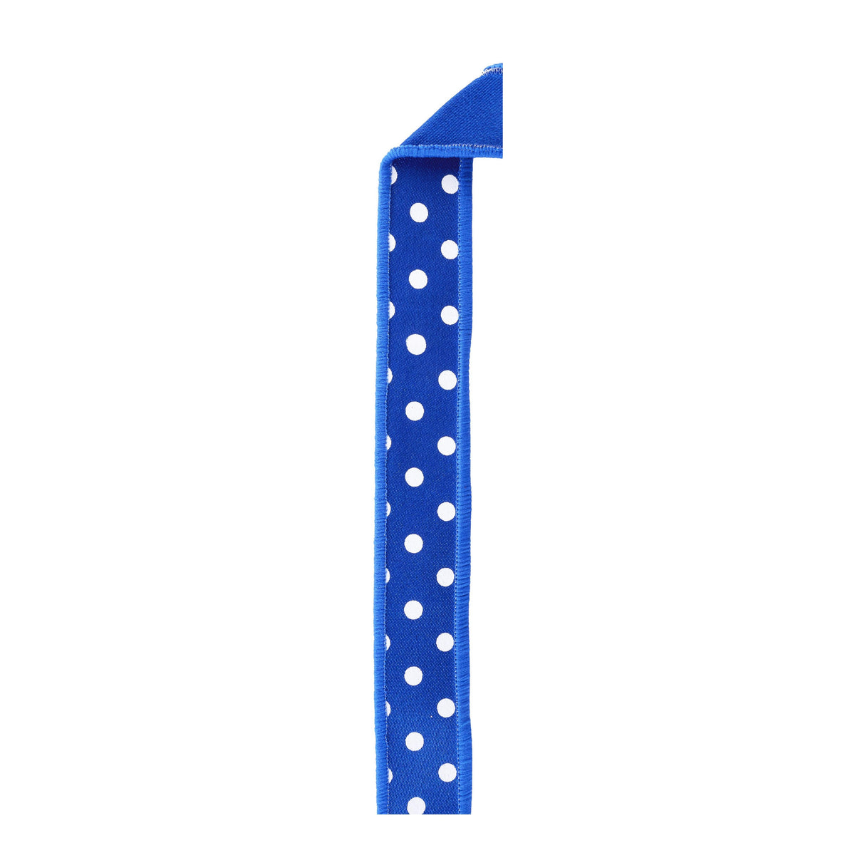 Close up of royal blue polka dot fused ribbon showing stitched wired edges and backing