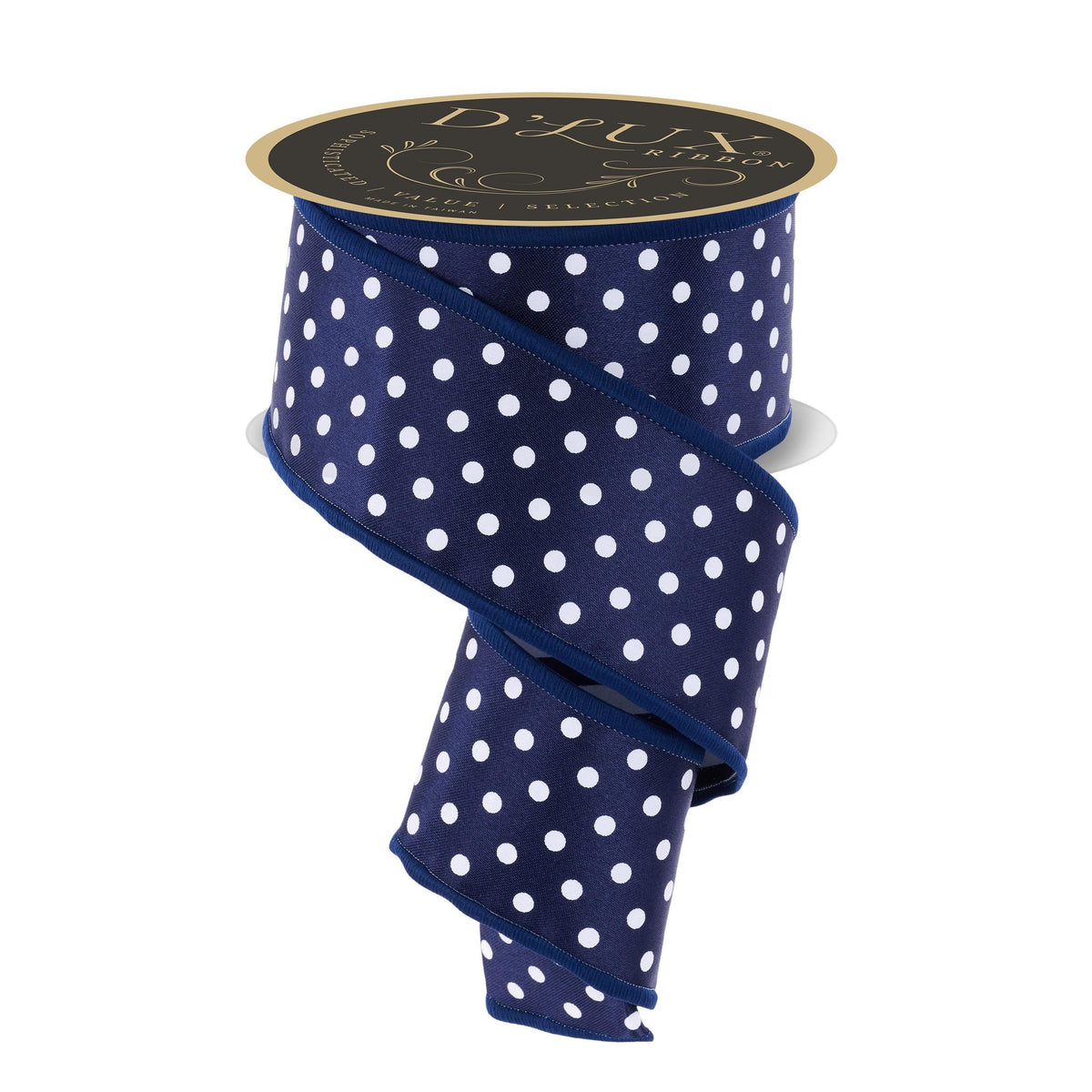 Spool of navy satin polka dot wired ribbon with gold D'LUX RIBBON label