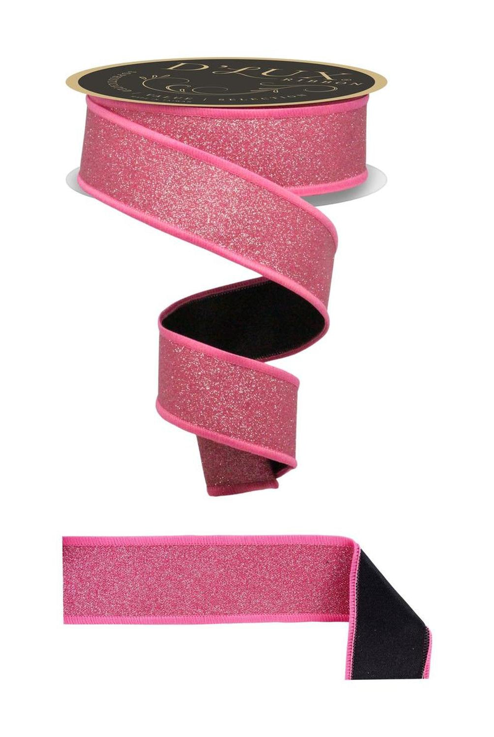 1.5" Fine Glitter Fused Back Ribbon: Fuchsia/Black (10 Yards)